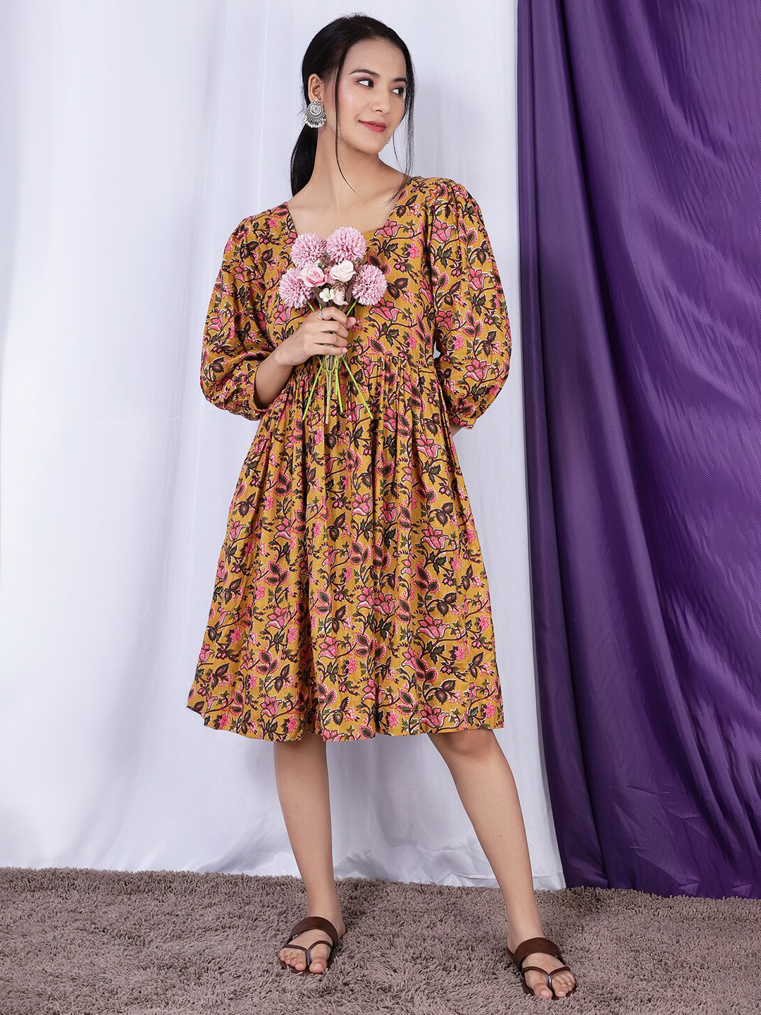 

INDOPHILIA Floral Printed Puff Sleeves Fit & Flare Dress, Mustard