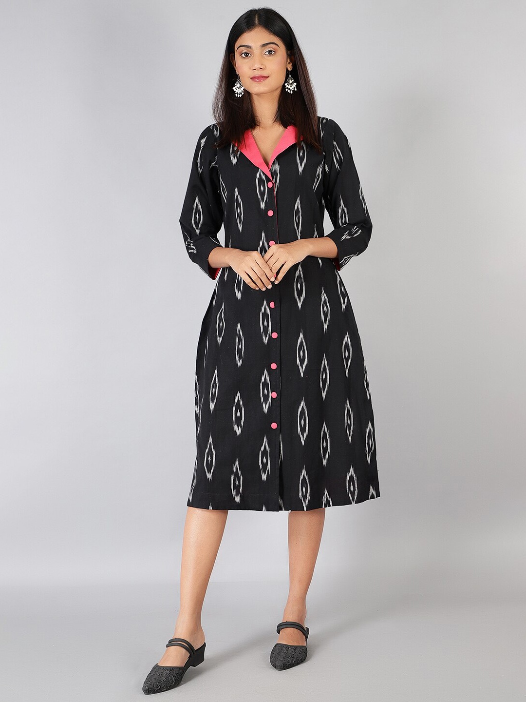 

INDOPHILIA Geometric Printed Shirt Dress, Black