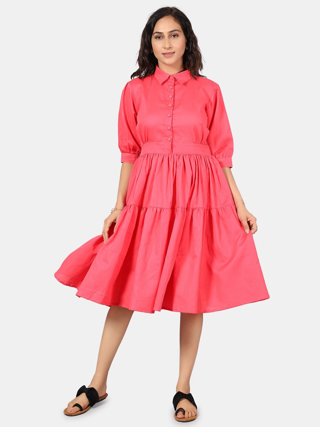 

INDOPHILIA Shirt Collar Tiered Cotton Linen Fit And Flare Midi Dress, Pink