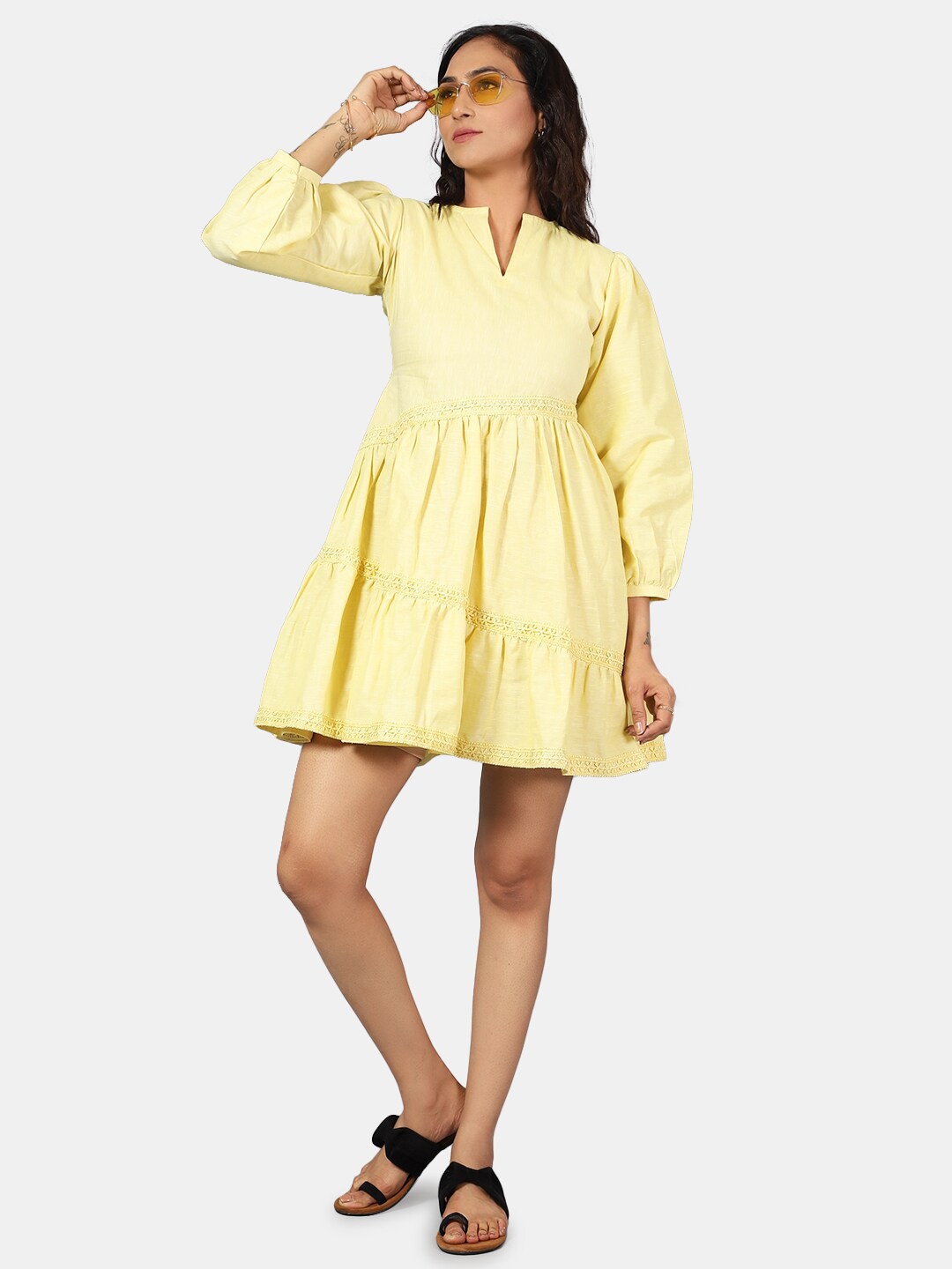 

INDOPHILIA Square Neck Cotton Linen Puff Sleeve Fit & Flare Mini Dress, Yellow