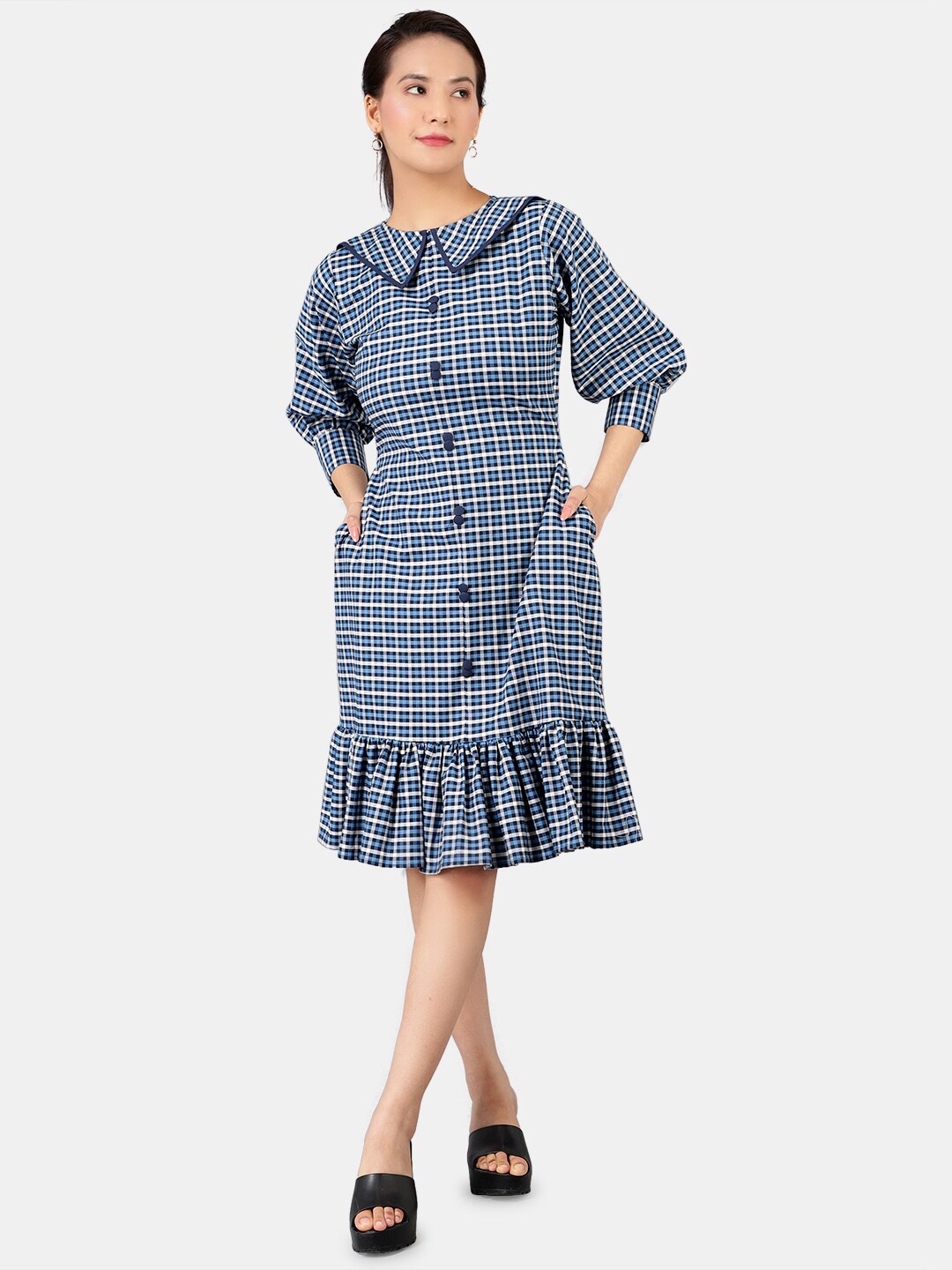 

INDOPHILIA Peter Pan Collar Checked Cotton Drop-Waist Dress, Blue