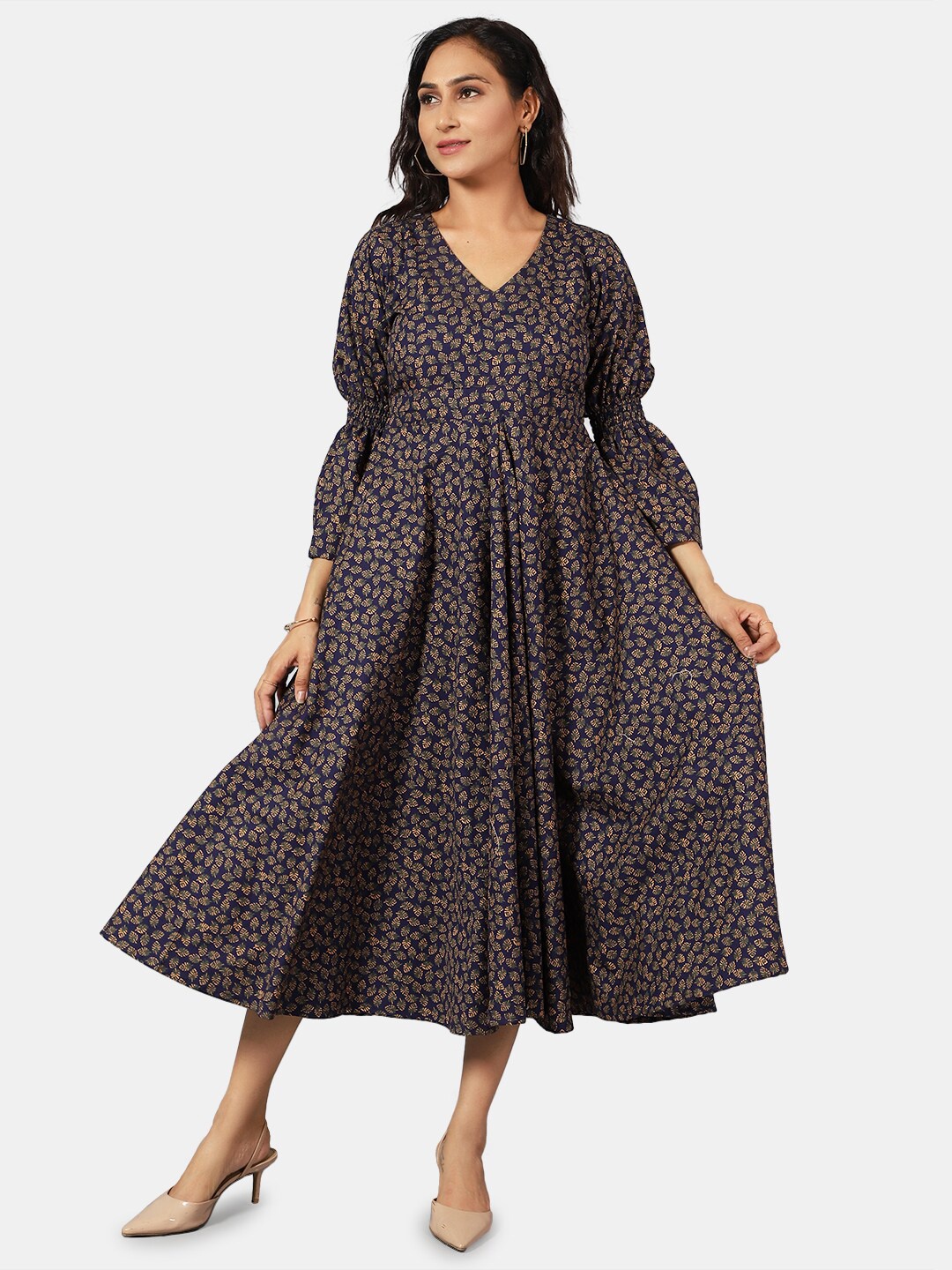 

INDOPHILIA Tropical Printed Bell Sleeves Pure Cotton Fit & Flare Midi Dress, Navy blue