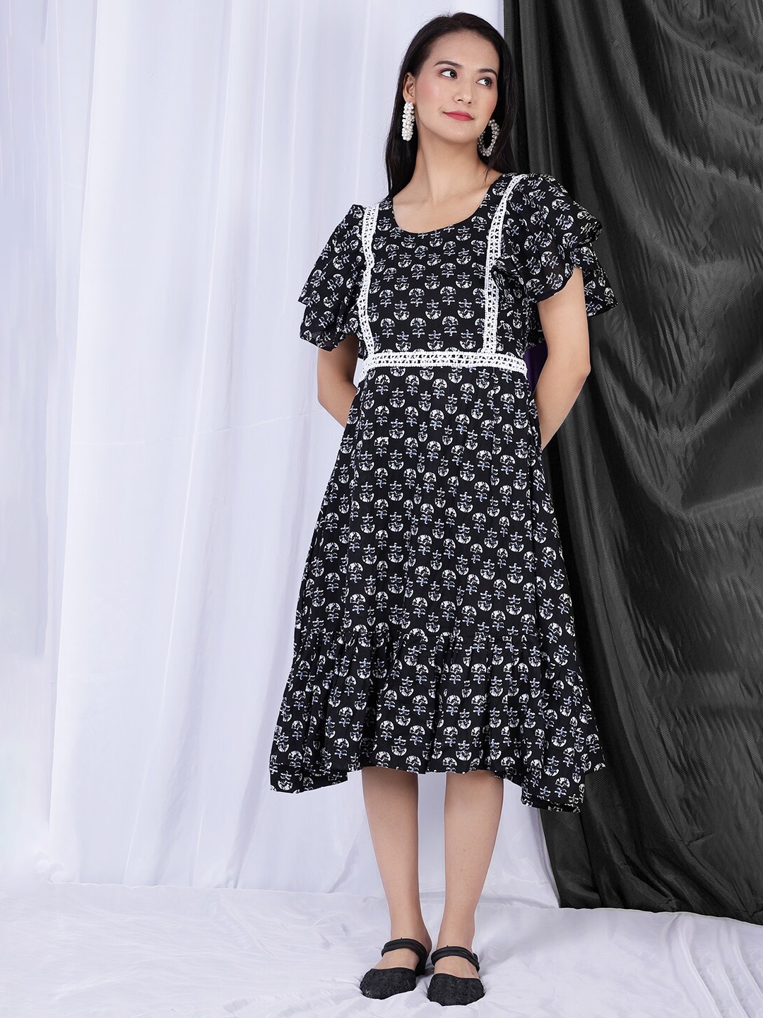 

INDOPHILIA Floral Printed Flutter Sleeves Fit & Flare Dress, Black