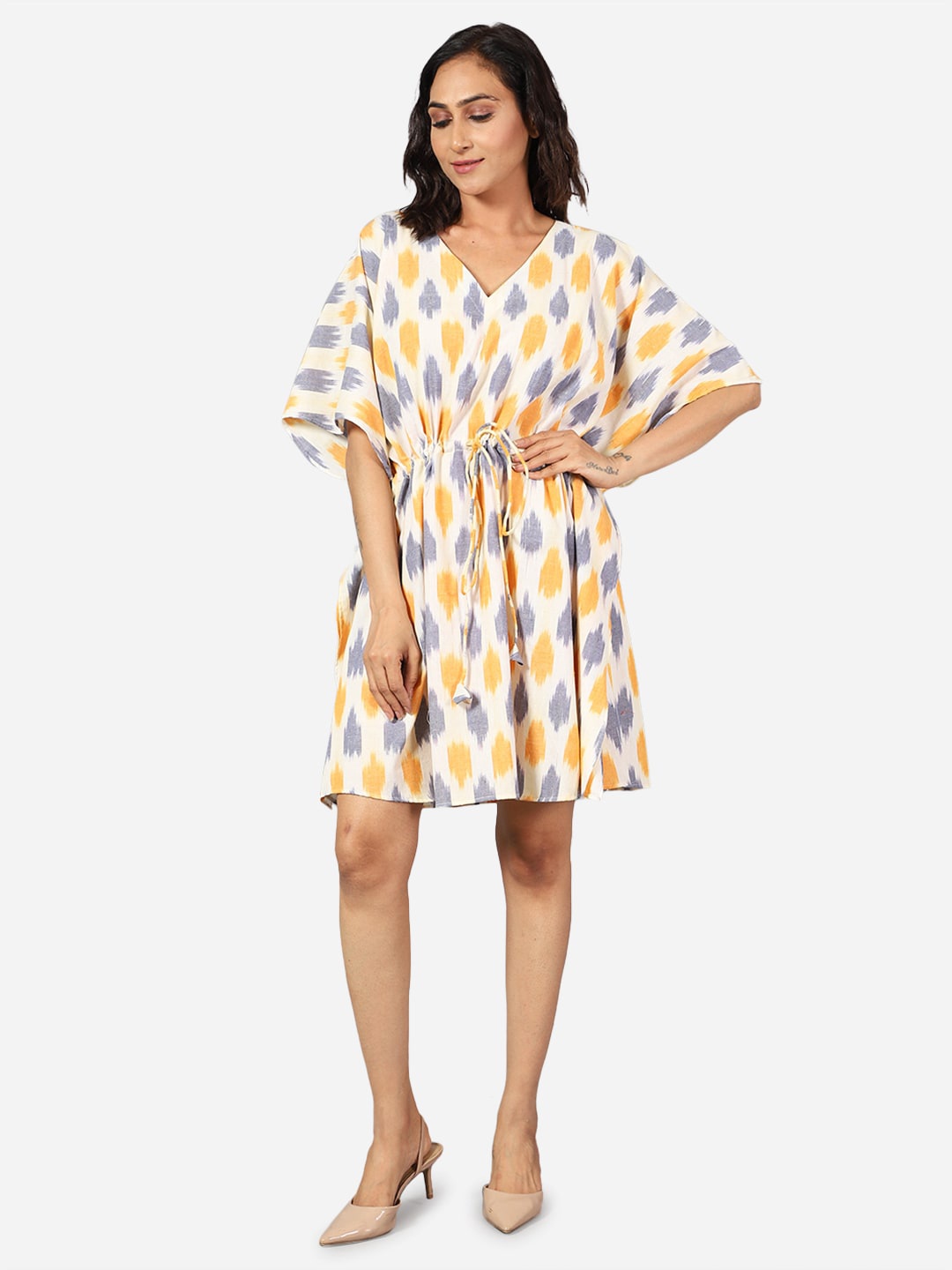 

INDOPHILIA V-Neck Ikat Printed Tie Up Cotton Kaftan Dress, Off white