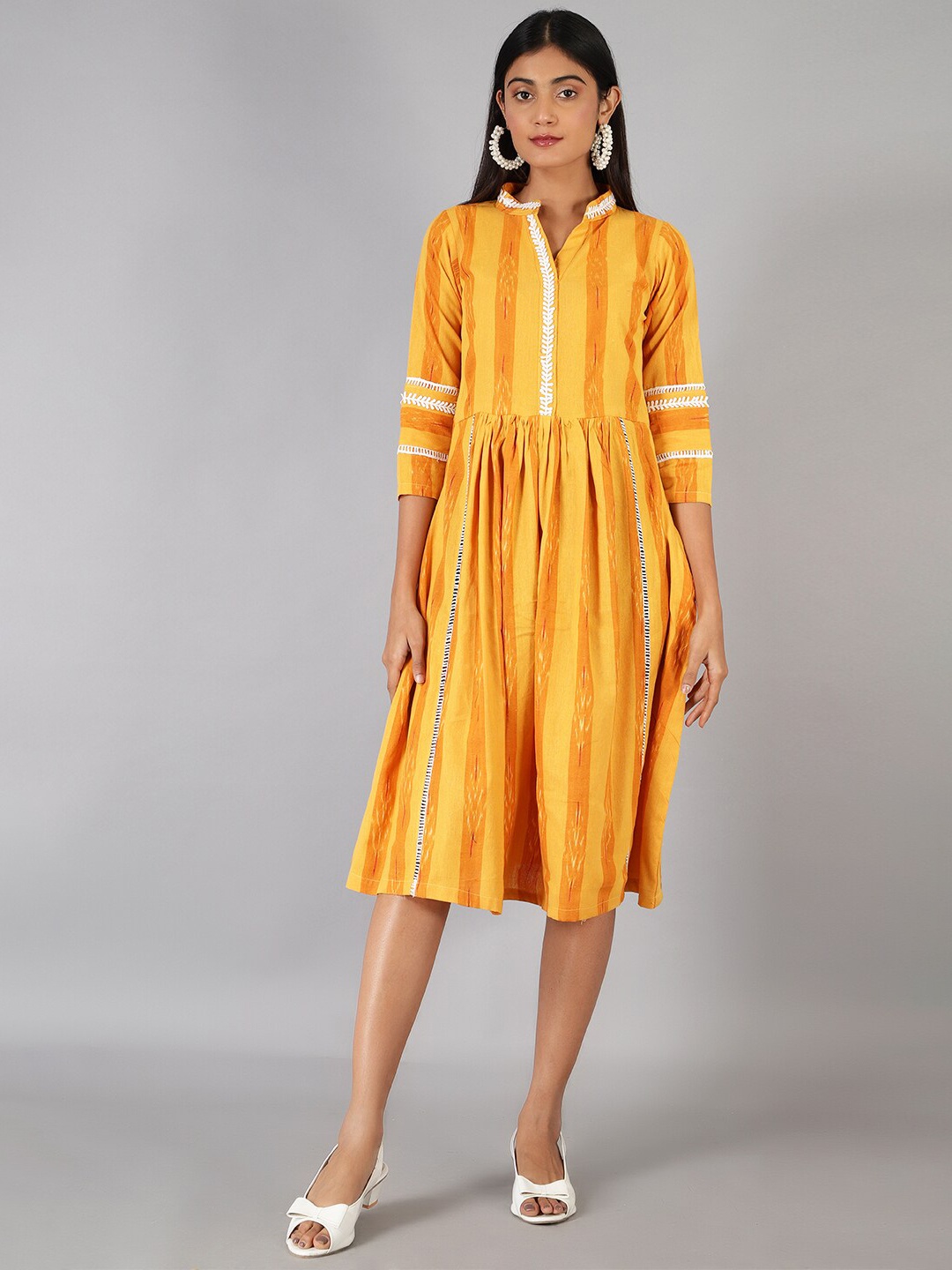 

INDOPHILIA Striped Cotton Fit & Flare Midi Dress, Yellow