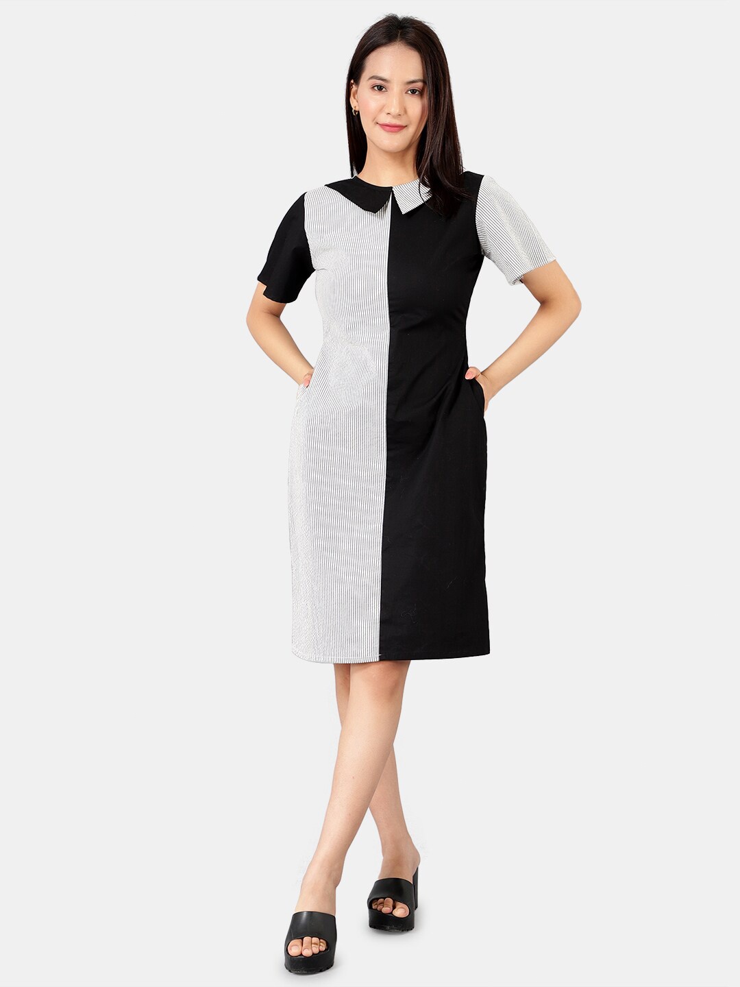 

INDOPHILIA Striped Colourblocked Peter Pan Collar Cotton Sheath Dress, Black