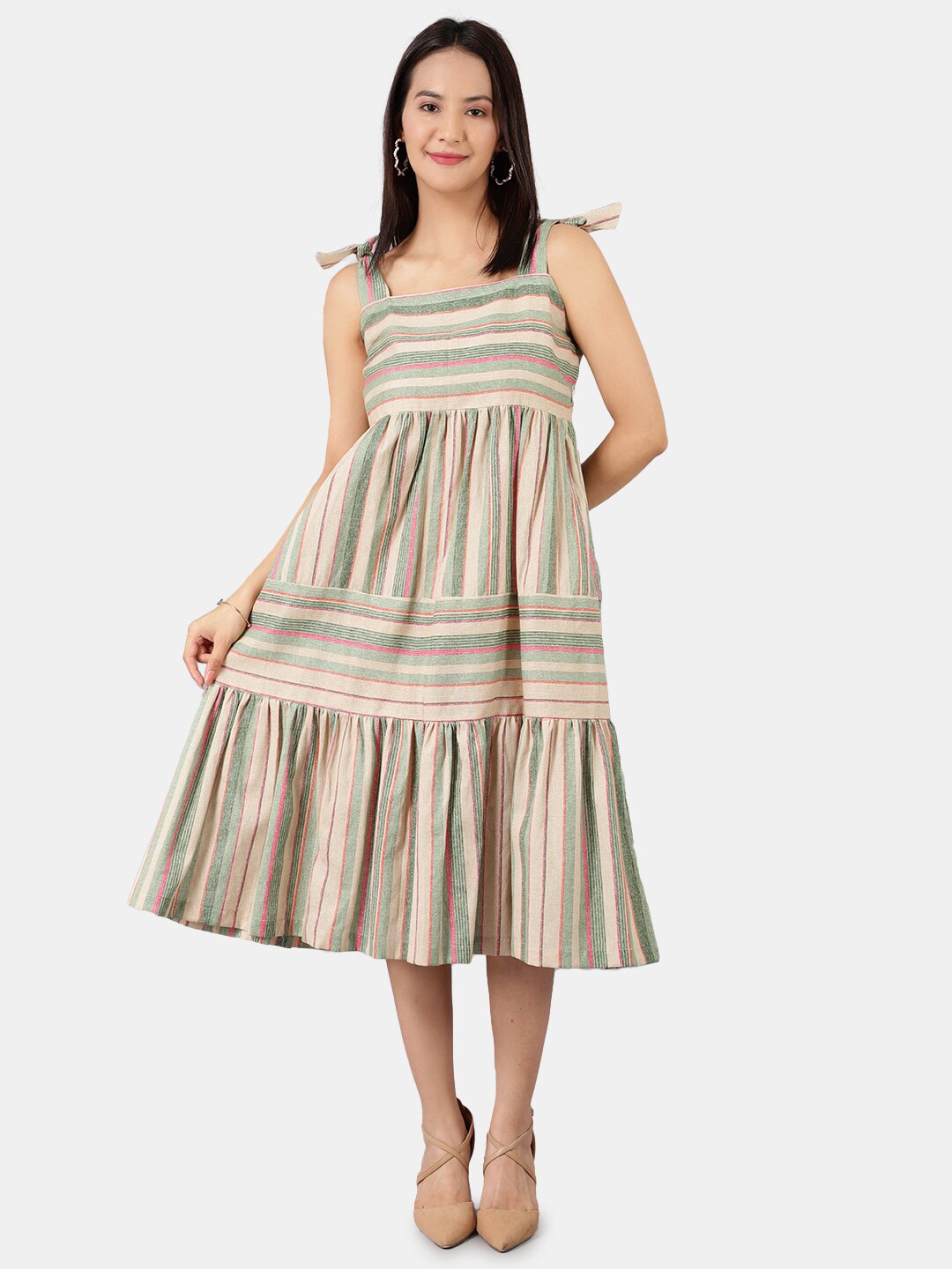 

INDOPHILIA Shoulder Straps Striped Tiered Cotton Fit And Flare Midi Dress, Beige