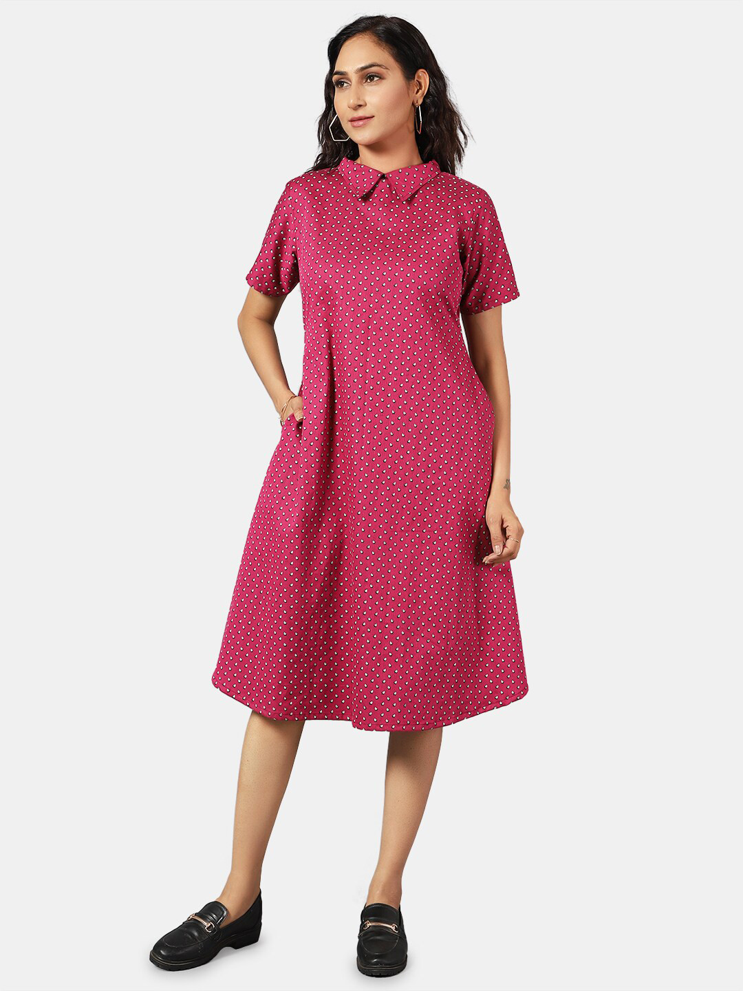 

INDOPHILIA Shirt Collar Conversational Printed Pure Cotton A-Line Dress, Pink