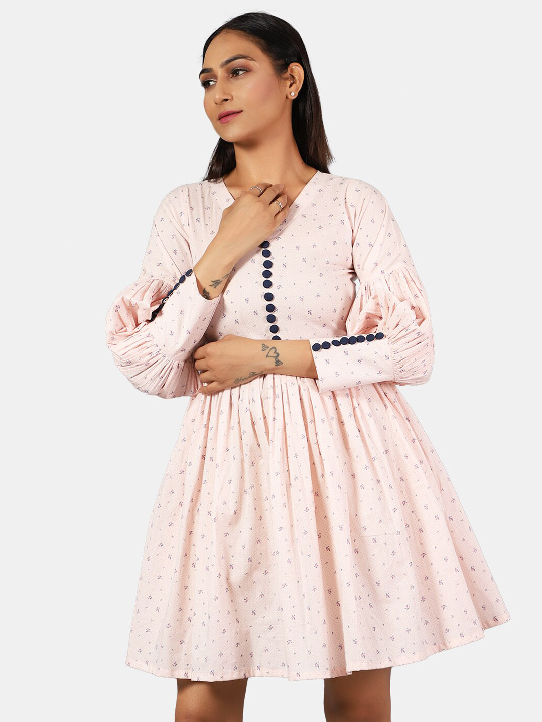 

INDOPHILIA Floral Printed Pure Cotton Fit & Flare Dress, Peach