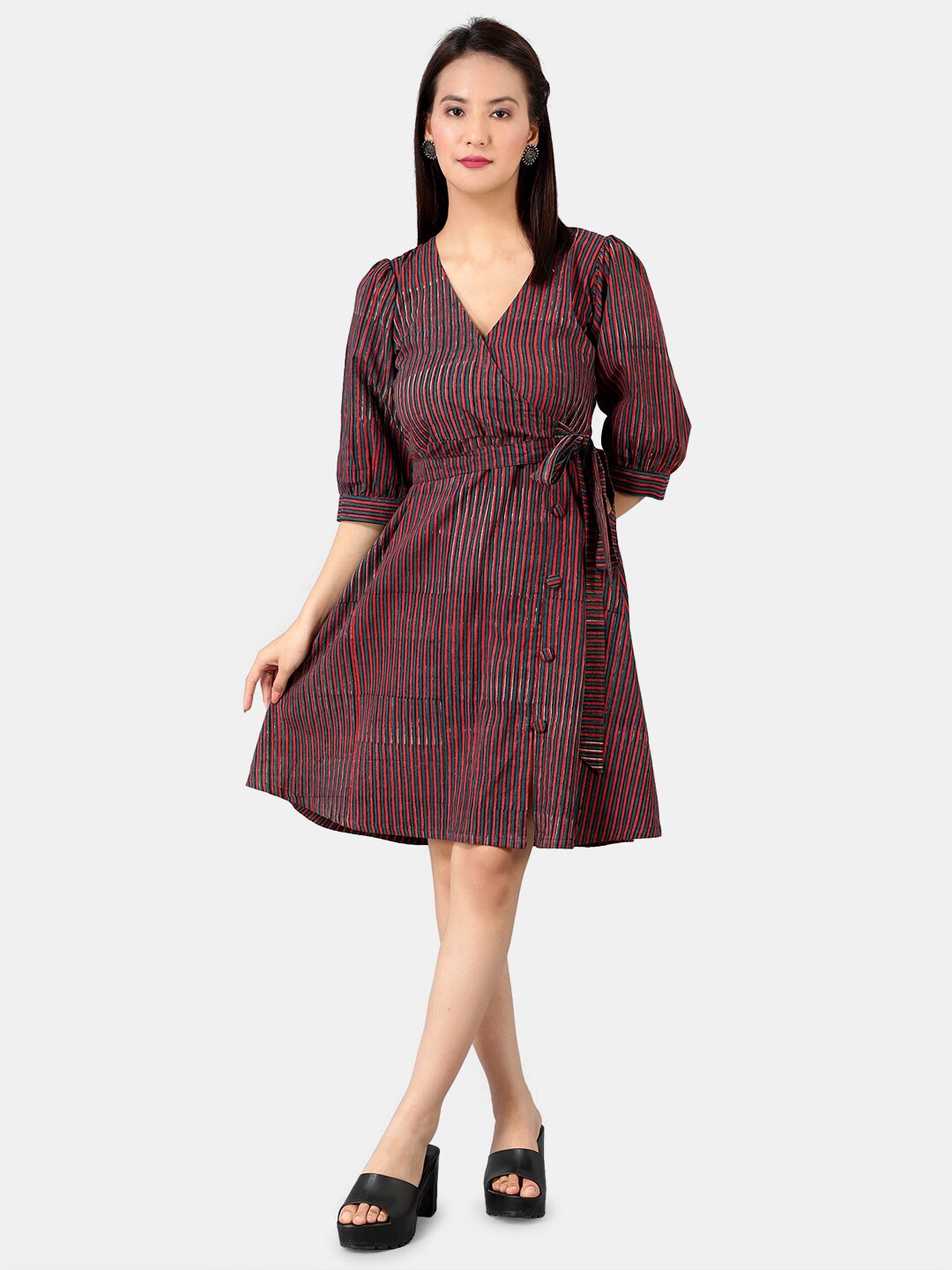 

INDOPHILIA V-Neck Striped Printed Cotton Wrap Dress With Belt, Red