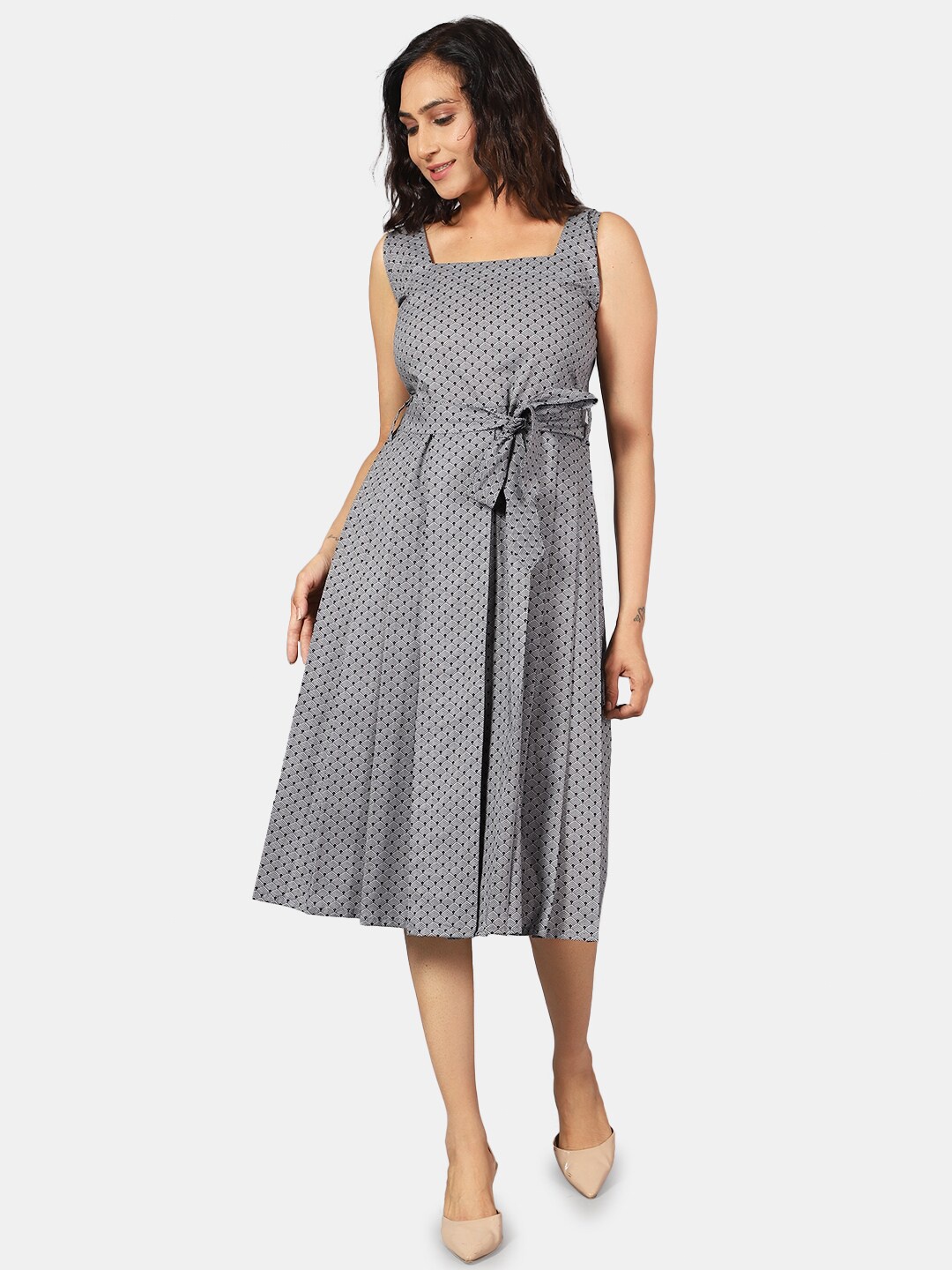 

INDOPHILIA Geometric Printed Cotton Fit & Flare Midi Dress, Grey
