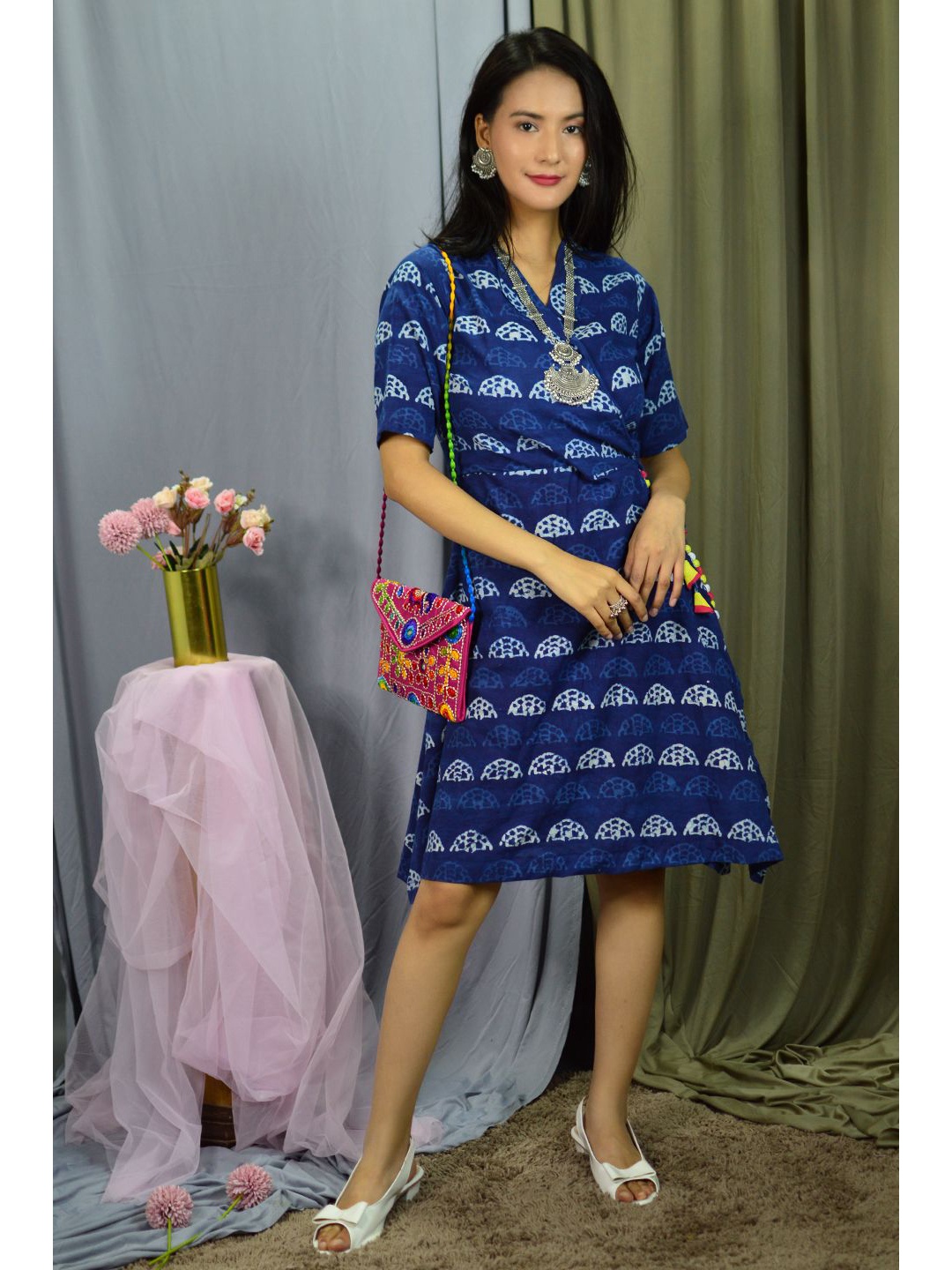 

INDOPHILIA Ethnic Motif Printed A-Line Ethnic Dress, Navy blue
