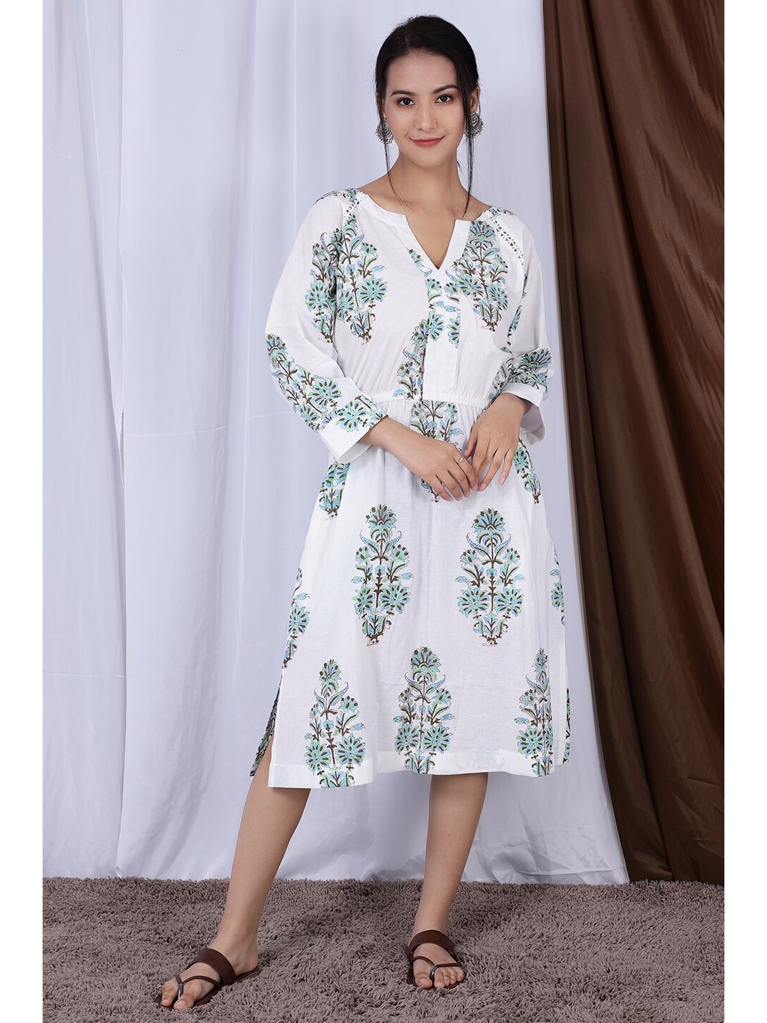 

INDOPHILIA Ethnic Motif Printed A-Line Midi Ethnic Dress, White