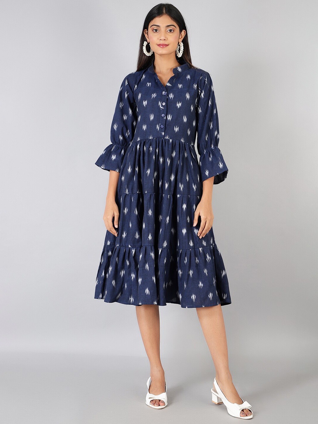 

INDOPHILIA Mandarin Collar Ikat Printed Cotton Fit & Flare Midi Dress, Blue