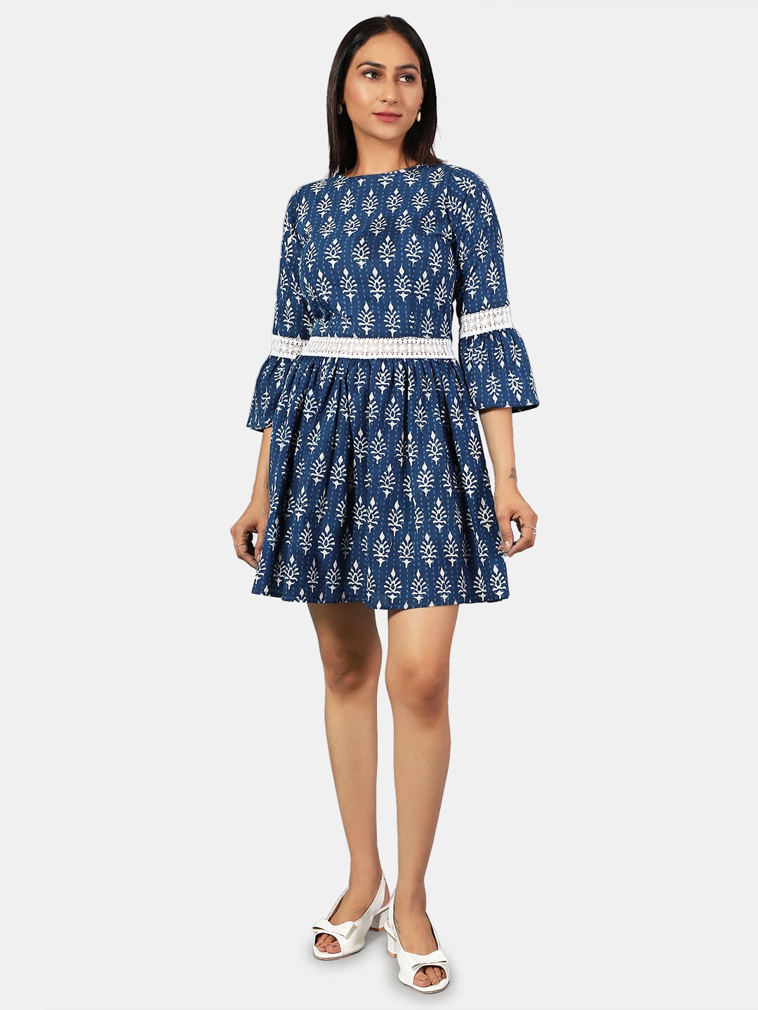 

INDOPHILIA Boat Neck Ethnic Motifs Printed Cotton Fit & Flare Dress, Blue