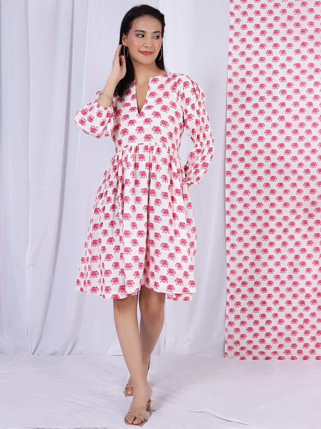 

INDOPHILIA Conversational Printed Fit & Flare Dress, Pink