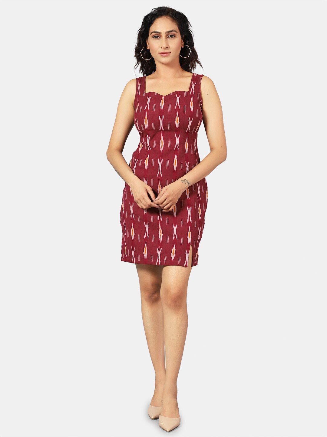 

INDOPHILIA Shoulder Straps Ikat Printed Cotton Sheath Dress, Red