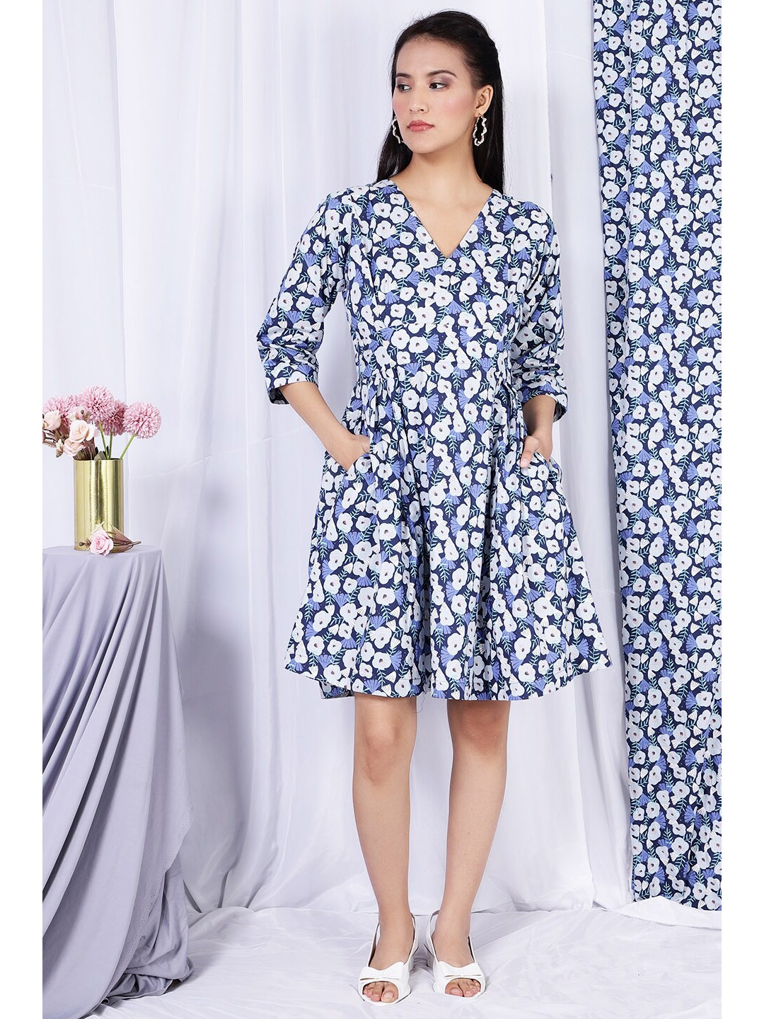 

INDOPHILIA Floral Printed V-Neck Pure Cotton Fit & Flare Dress, Blue