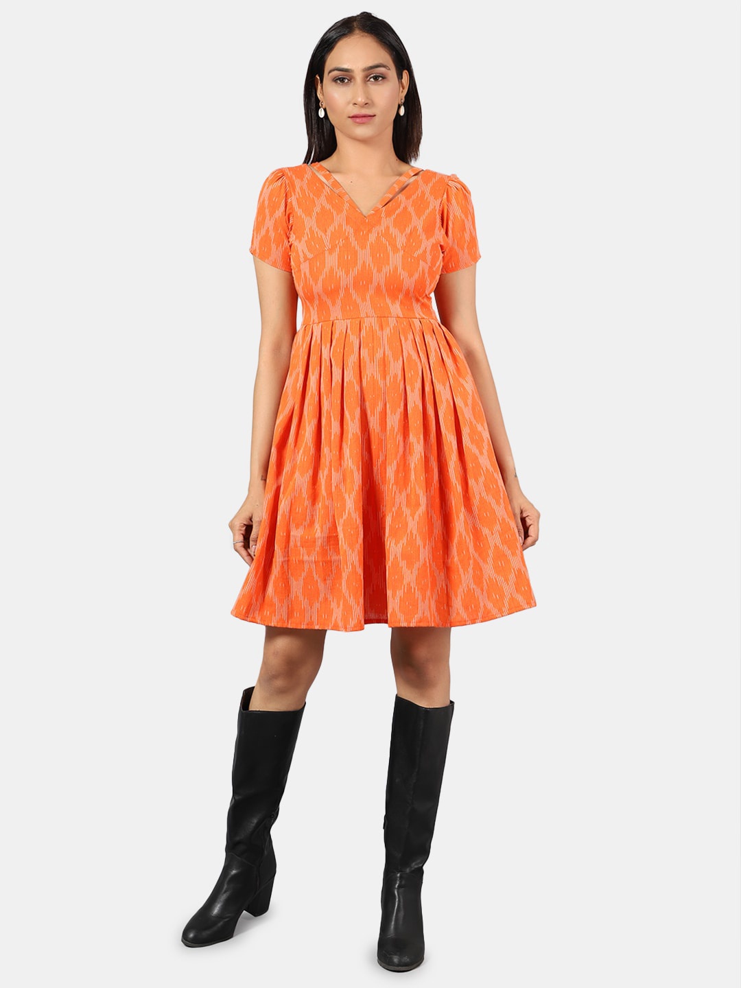 

INDOPHILIA V-Neck Ikat Printed Cotton Fit & Flare Dress, Orange