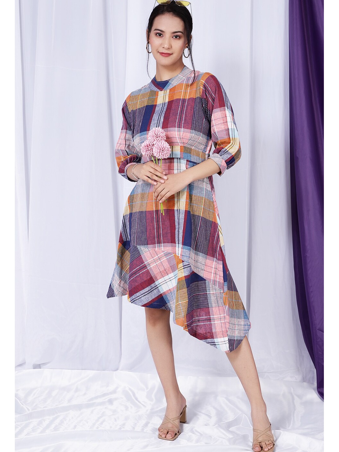 

INDOPHILIA Checked Asymmetric Cotton Linen A-Line Dress, Blue