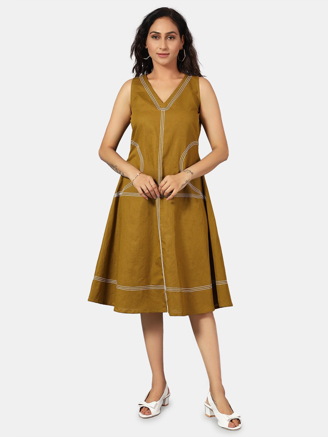 

INDOPHILIA Striped Cotton Linen A-Line Dress, Khaki