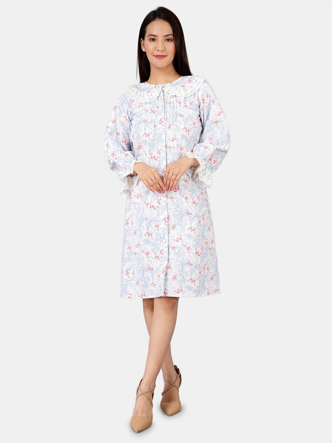 

INDOPHILIA Floral Printed Peter Pan Collar Cotton A-Line Dress, Blue