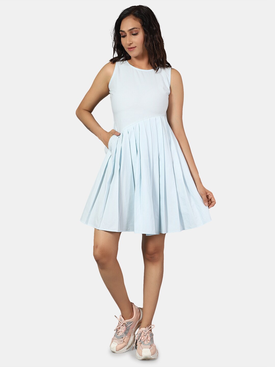 

INDOPHILIA Round Neck Striped Pure Cotton Fit & Flare Dress, Blue