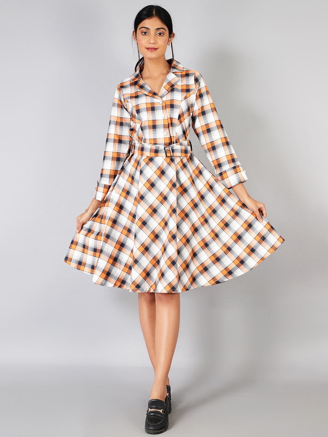 

INDOPHILIA Shirt Collar Checked Pure Cotton Fit & Flare Dress With Belt, Orange