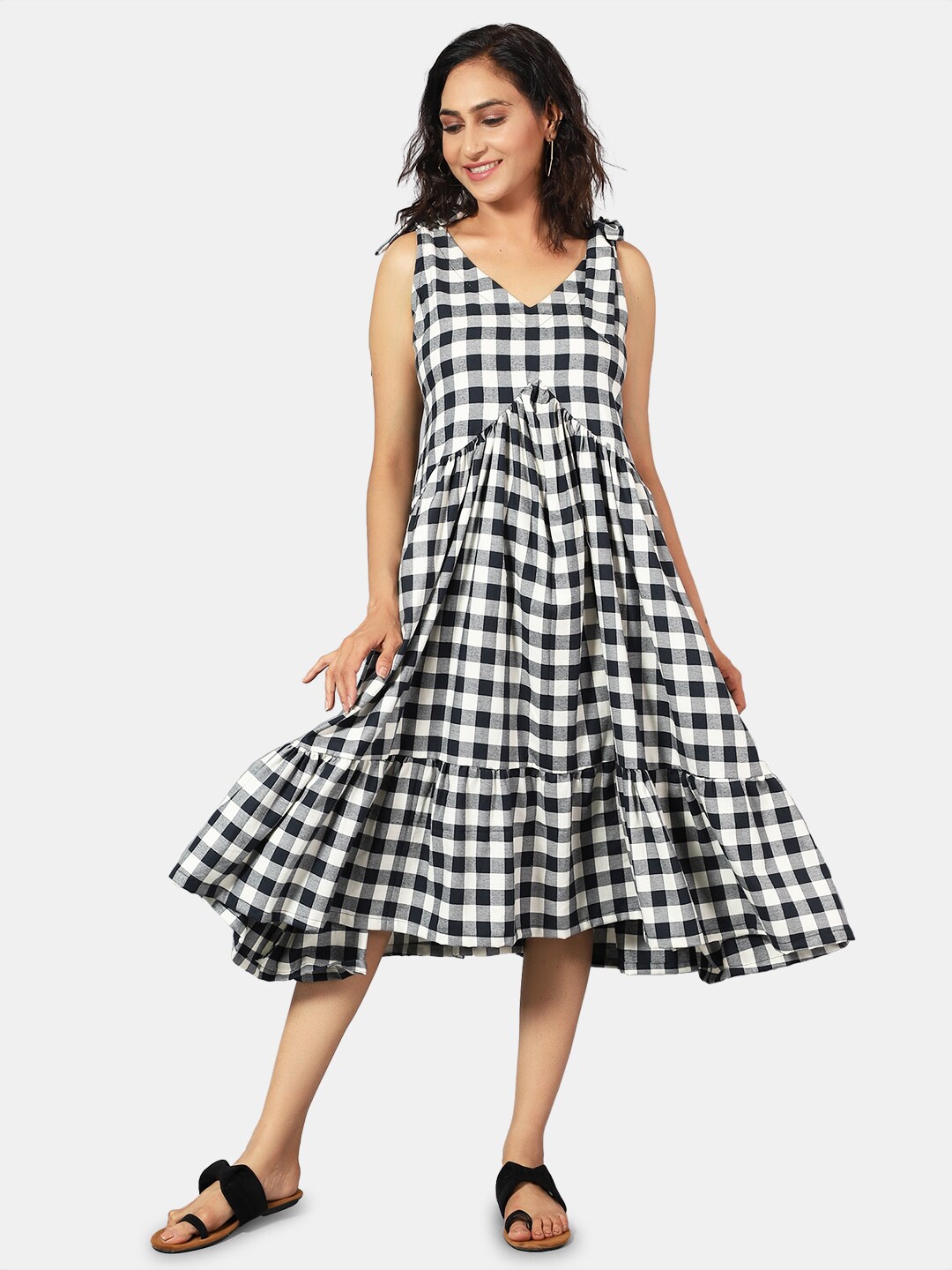 

INDOPHILIA Checked Monochrome Pure Cotton Empire Midi Dress, Black