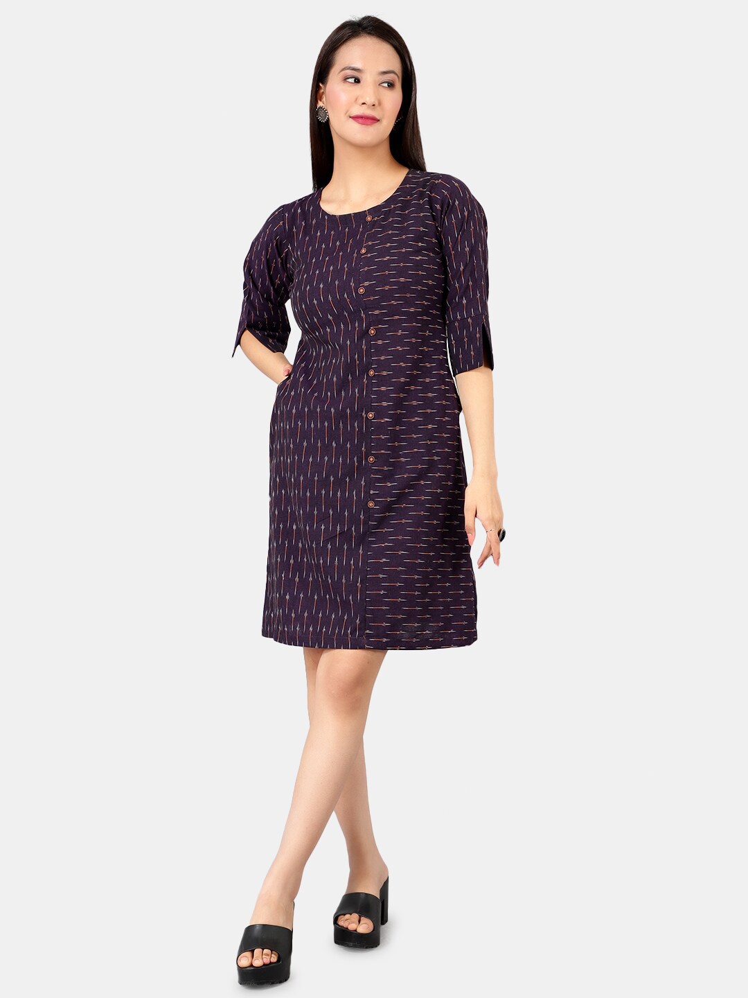 

INDOPHILIA Round Neck Ikat Printed Cotton A-Line Dress, Purple