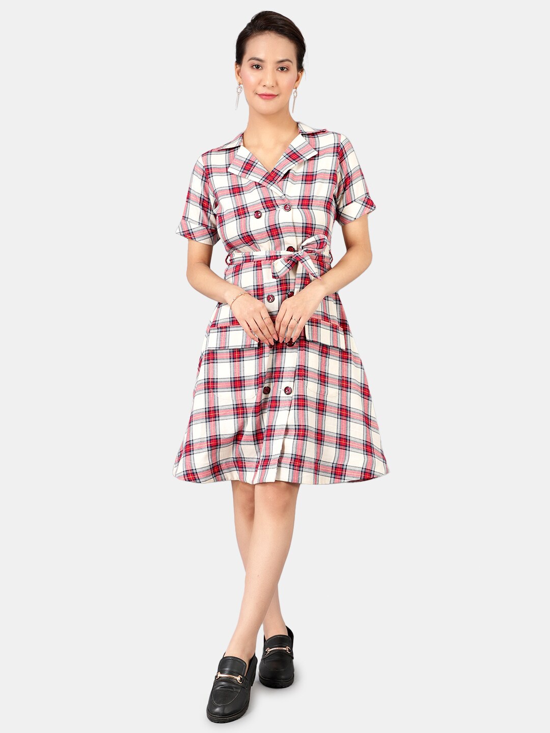 

INDOPHILIA Checked Cotton Shirt Dress With Belt, Red