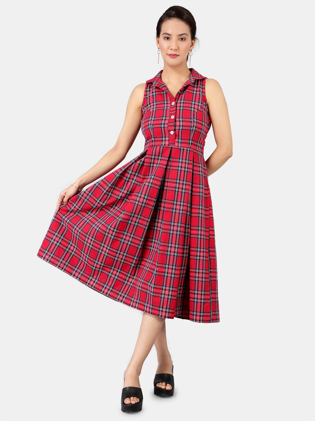 

INDOPHILIA Shirt Collar Checked A-Line Cotton Midi Dress, Red