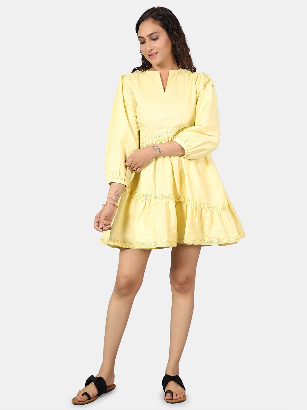 

INDOPHILIA Puff Sleeve Tiered Cotton Linen Fit & Flare Dress, Yellow