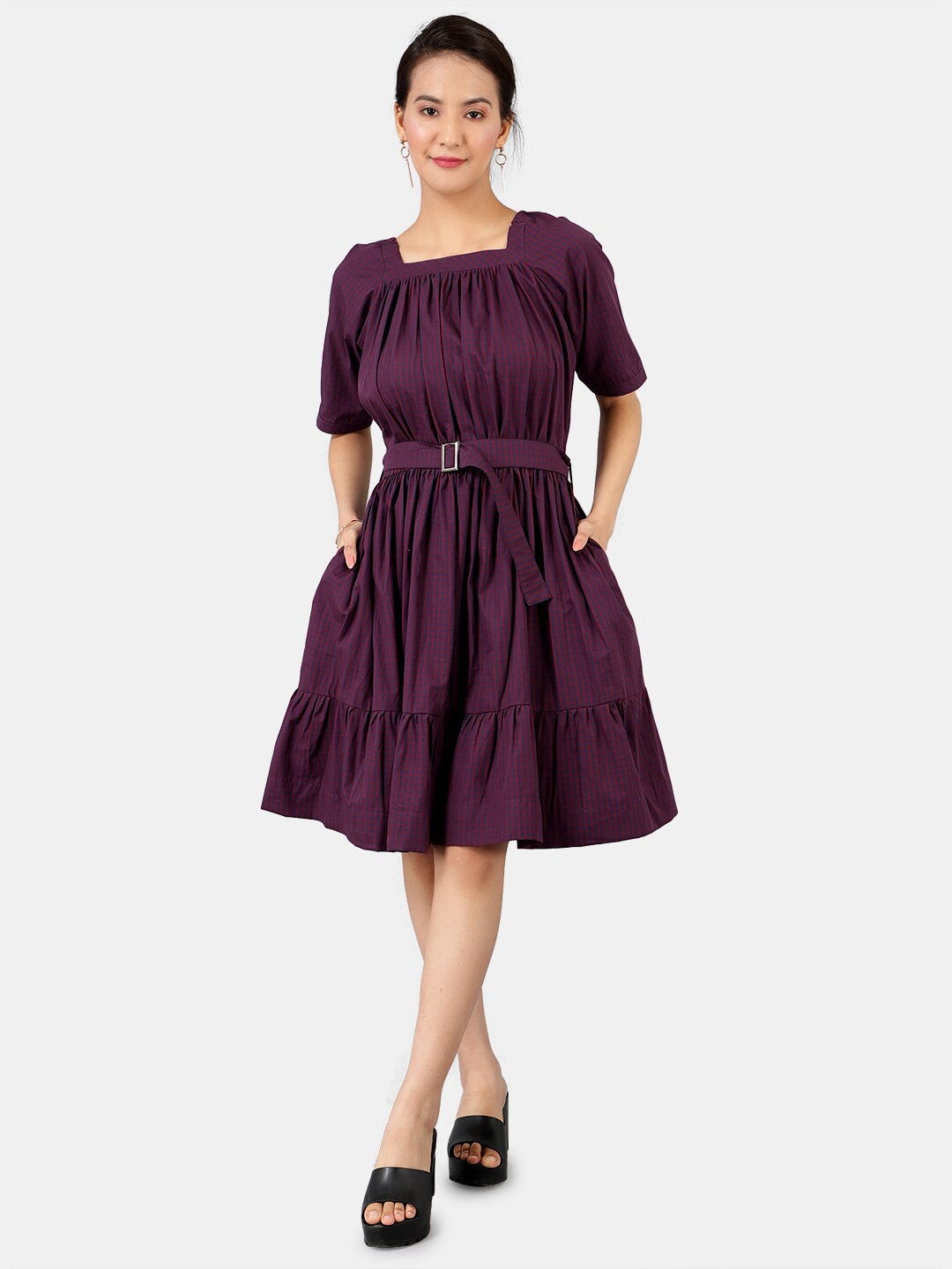 

INDOPHILIA Square Neck Checked Printed Cotton Fit & Flare Dress With Belt, Purple