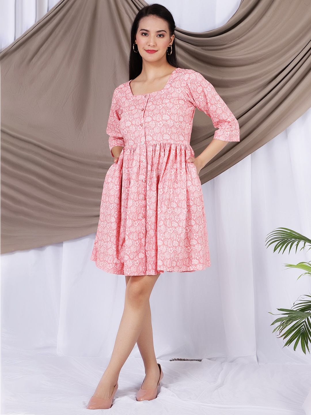 

INDOPHILIA Tropical Printed Pure Cotton Fit & Flare Dress, Pink