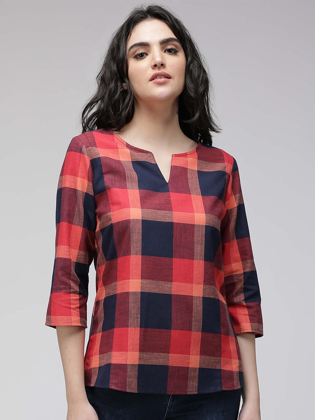 

IDK Checked Notched Neck Top, Navy blue