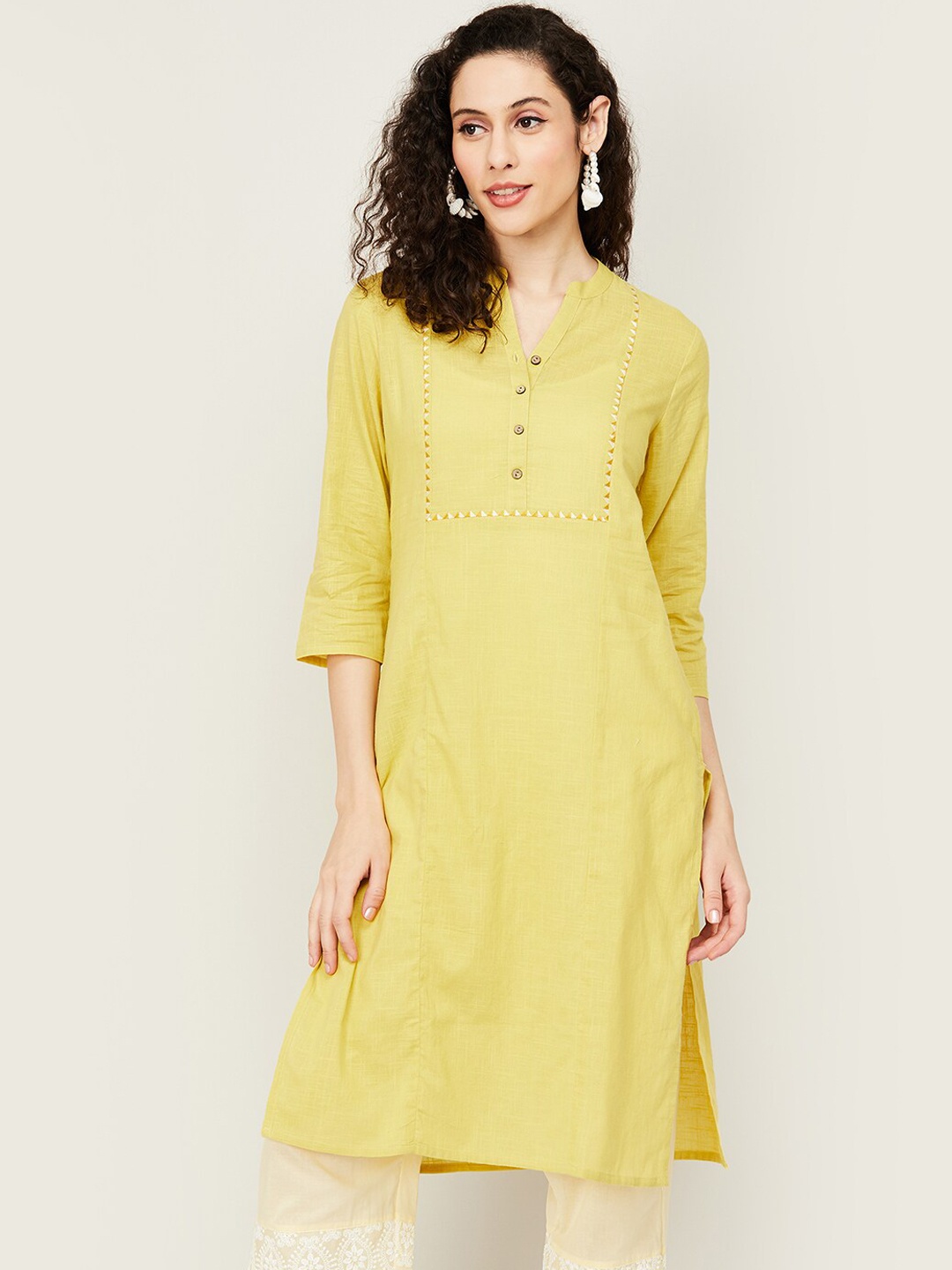 

Melange by Lifestyle Band Collar Thread Work Pure Cotton Kurta, Yellow