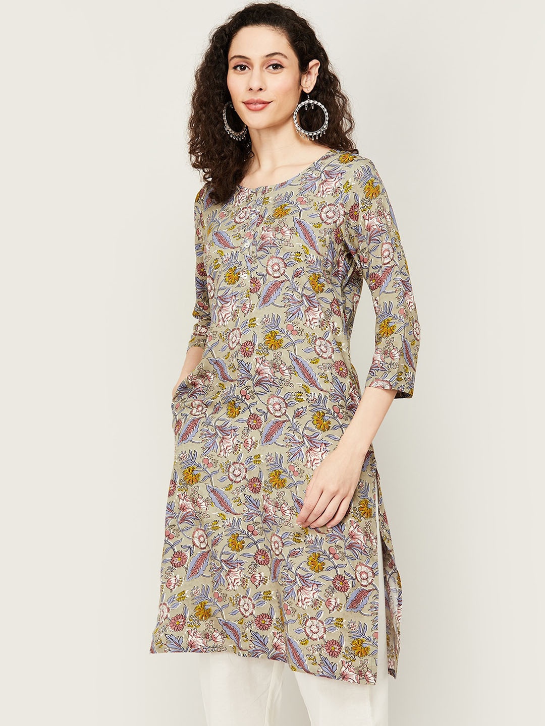 

Melange by Lifestyle Floral Printed Straight Kurta, Grey
