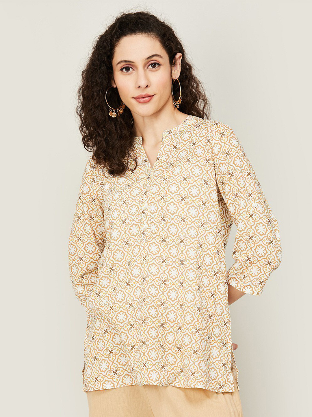 

Melange by Lifestyle Beige Ethnic Motifs Printed Band Collar Kurti