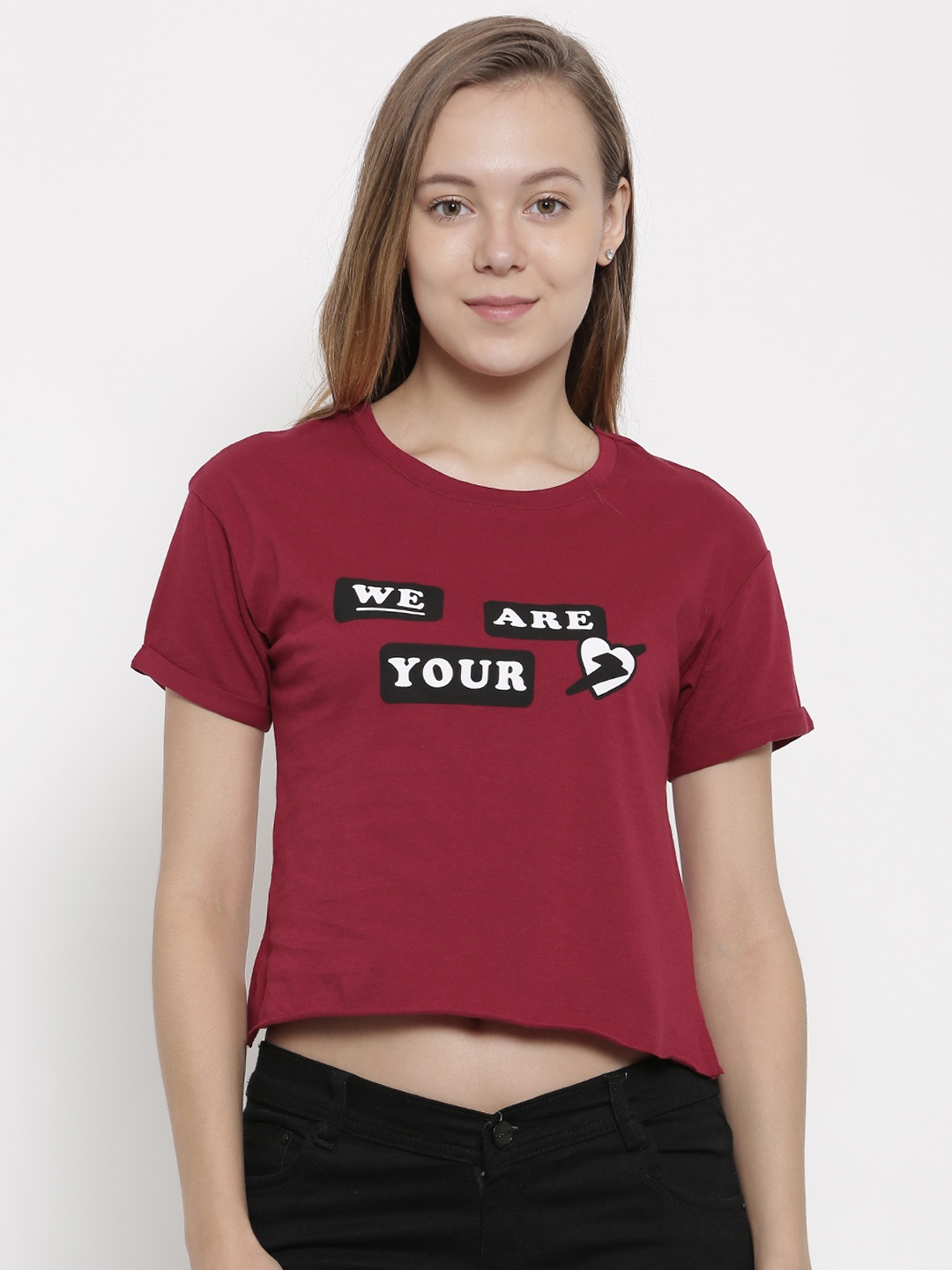 

pink woman Maroon Printed Round Neck Pure Cotton T-shirt