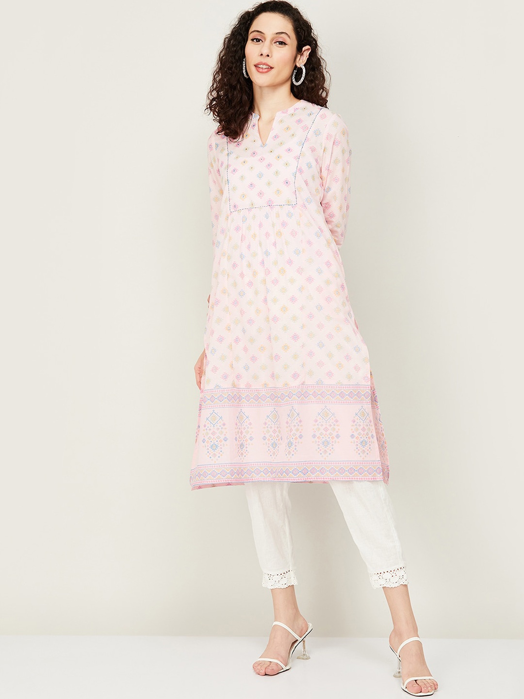 

Melange by Lifestyle Ethnic Motifs Printed Band Collar Thread Work Pure Cotton Kurta, Pink