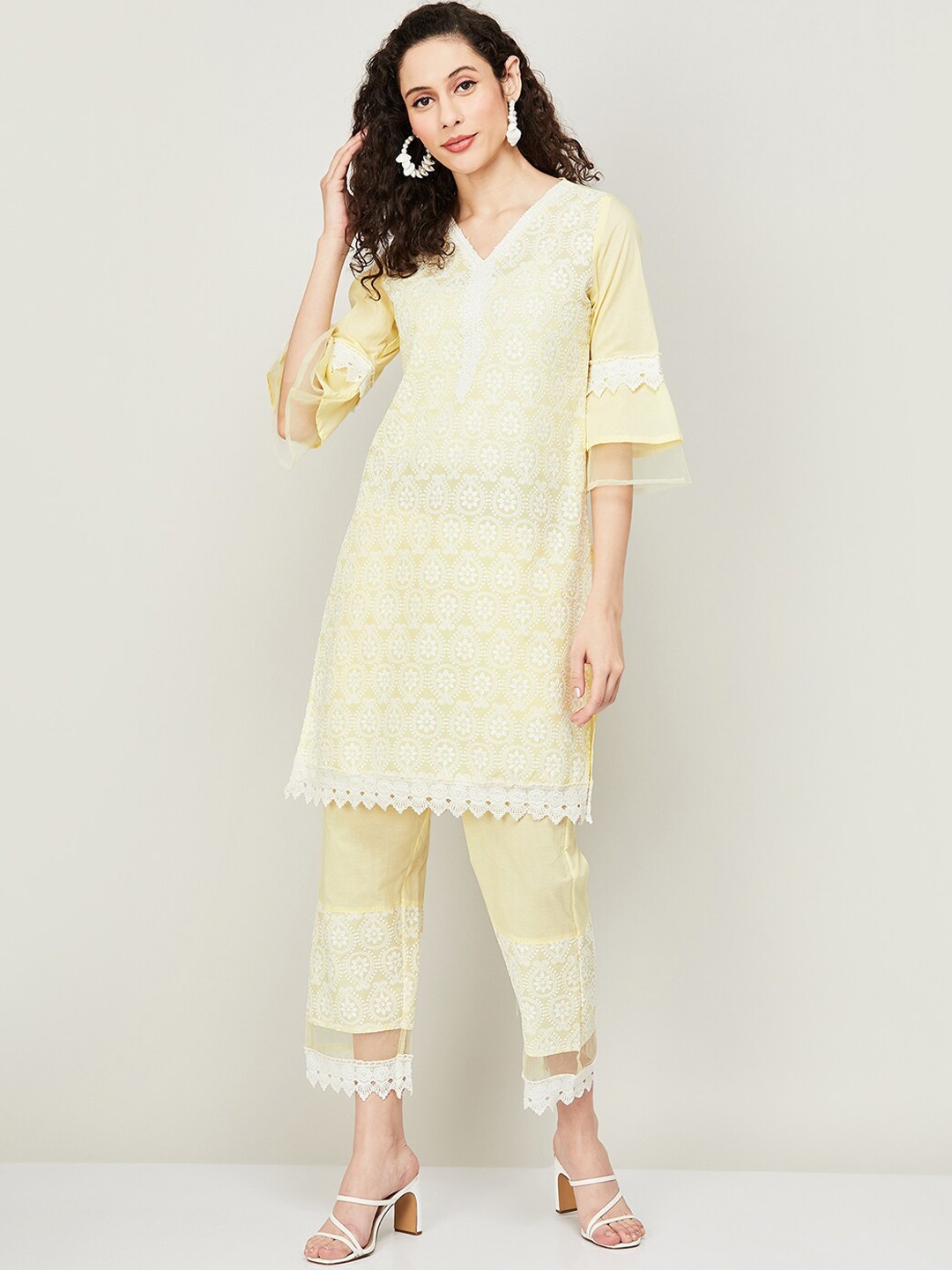 

Melange by Lifestyle Floral Embroidered Pure Cotton Kurta with Trousers & With Dupatta, Yellow