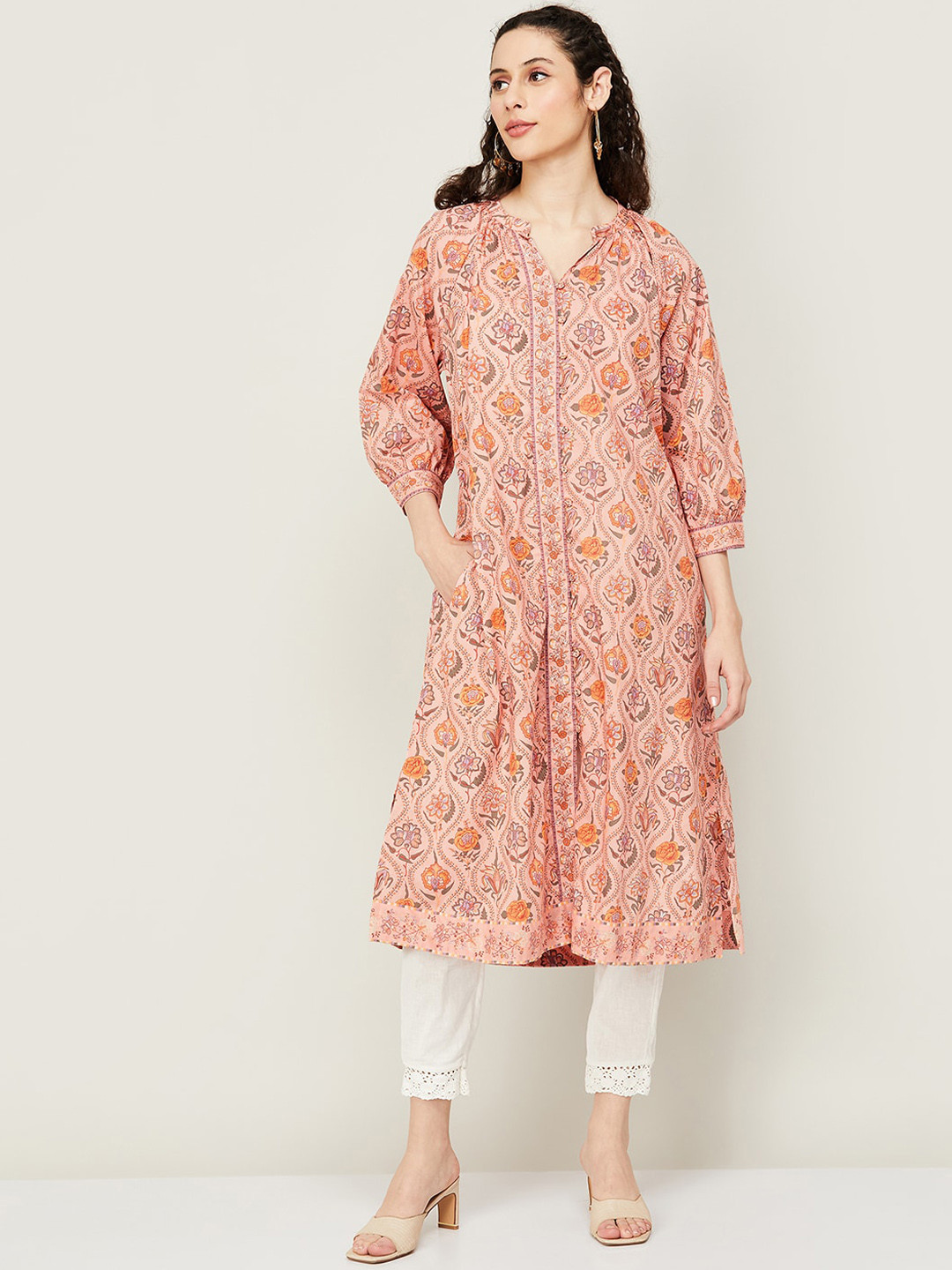 

Melange by Lifestyle Floral Printed Puff Sleeves A-Line Kurta, Peach
