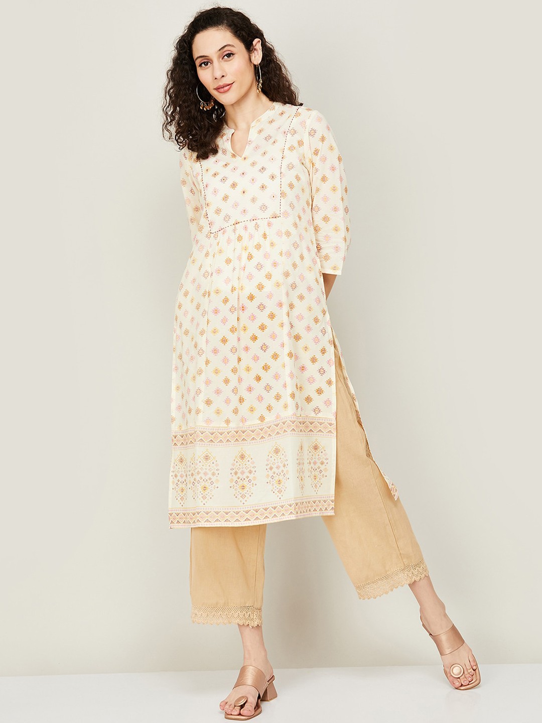 

Melange by Lifestyle Geometric Printed Mandarin Collar Cotton Kurta, Cream