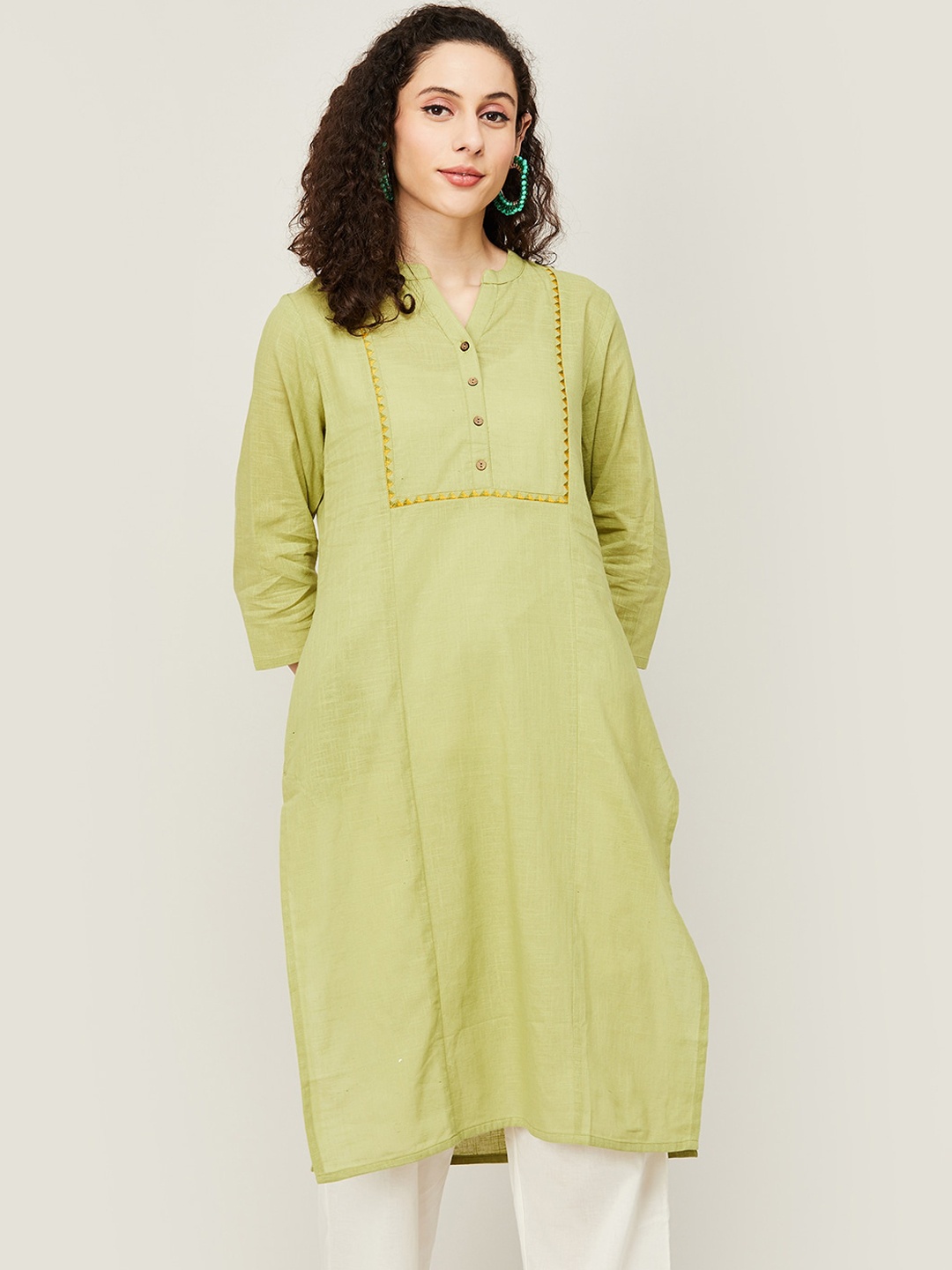 

Melange by Lifestyle Band Collar Thread Work Pure Cotton Kurta, Green