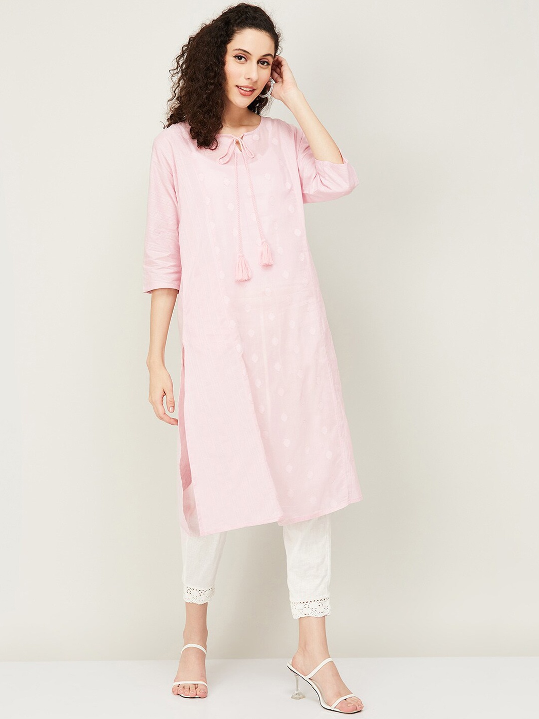 

Melange by Lifestyle Woven Design Tie Up Neck Pure Cotton Kurta, Pink