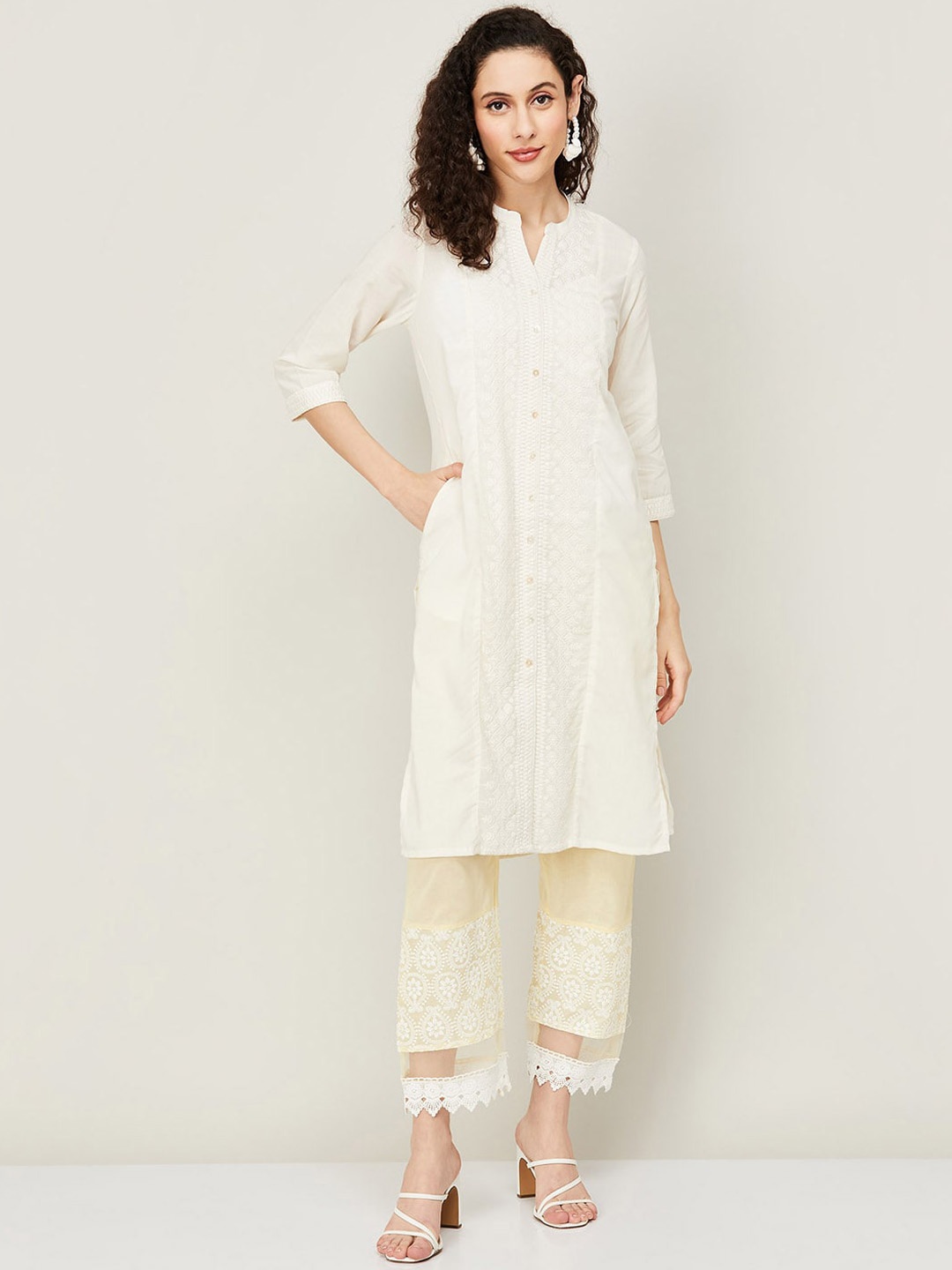 

Melange by Lifestyle Ethnic Motif Embroidered Band Collar Thread Work Kurta, White