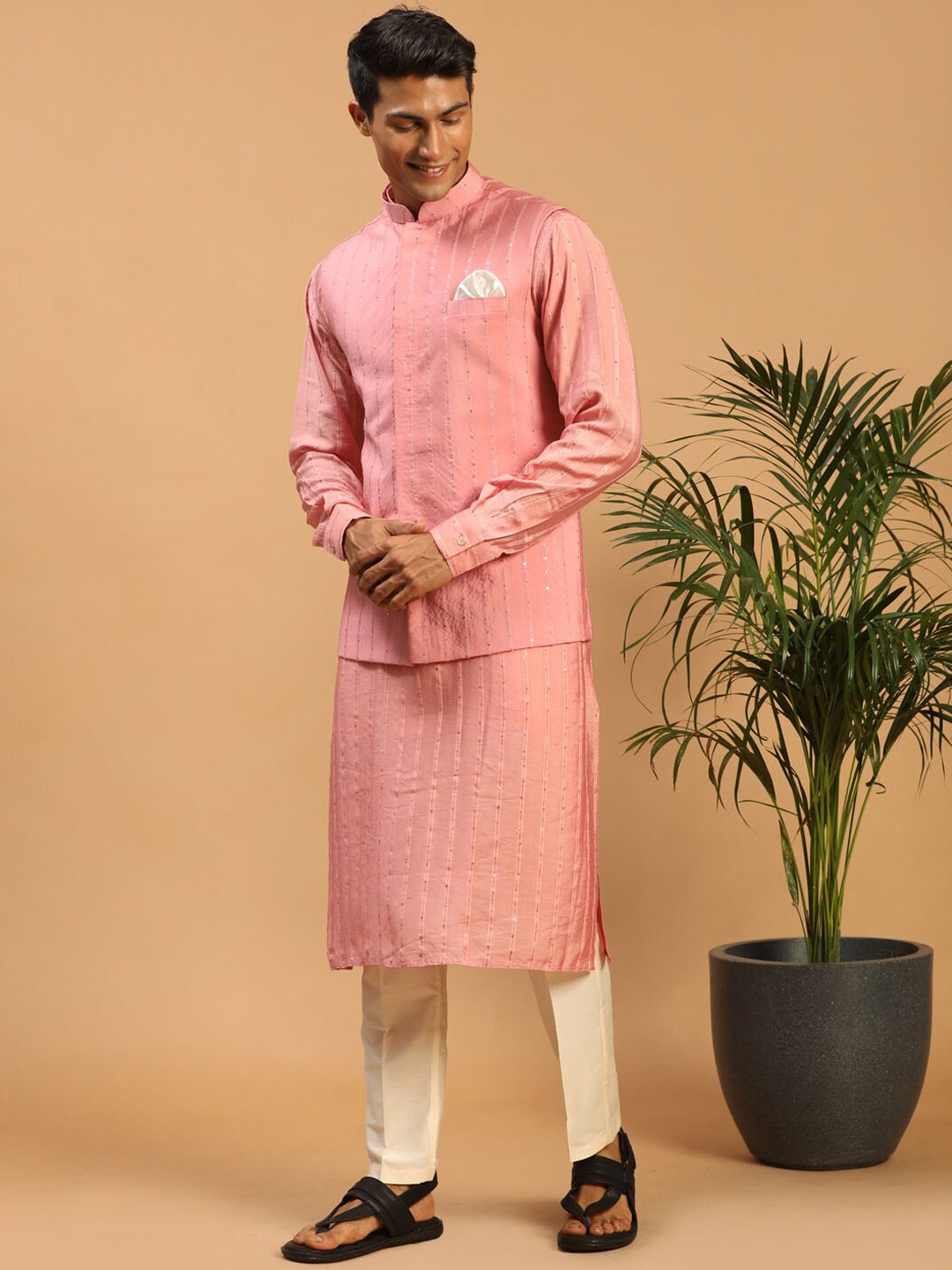 

VASTRAMAY Embroidered Sequinned Kurta With Pyjamas & Nehru Jacket, Pink