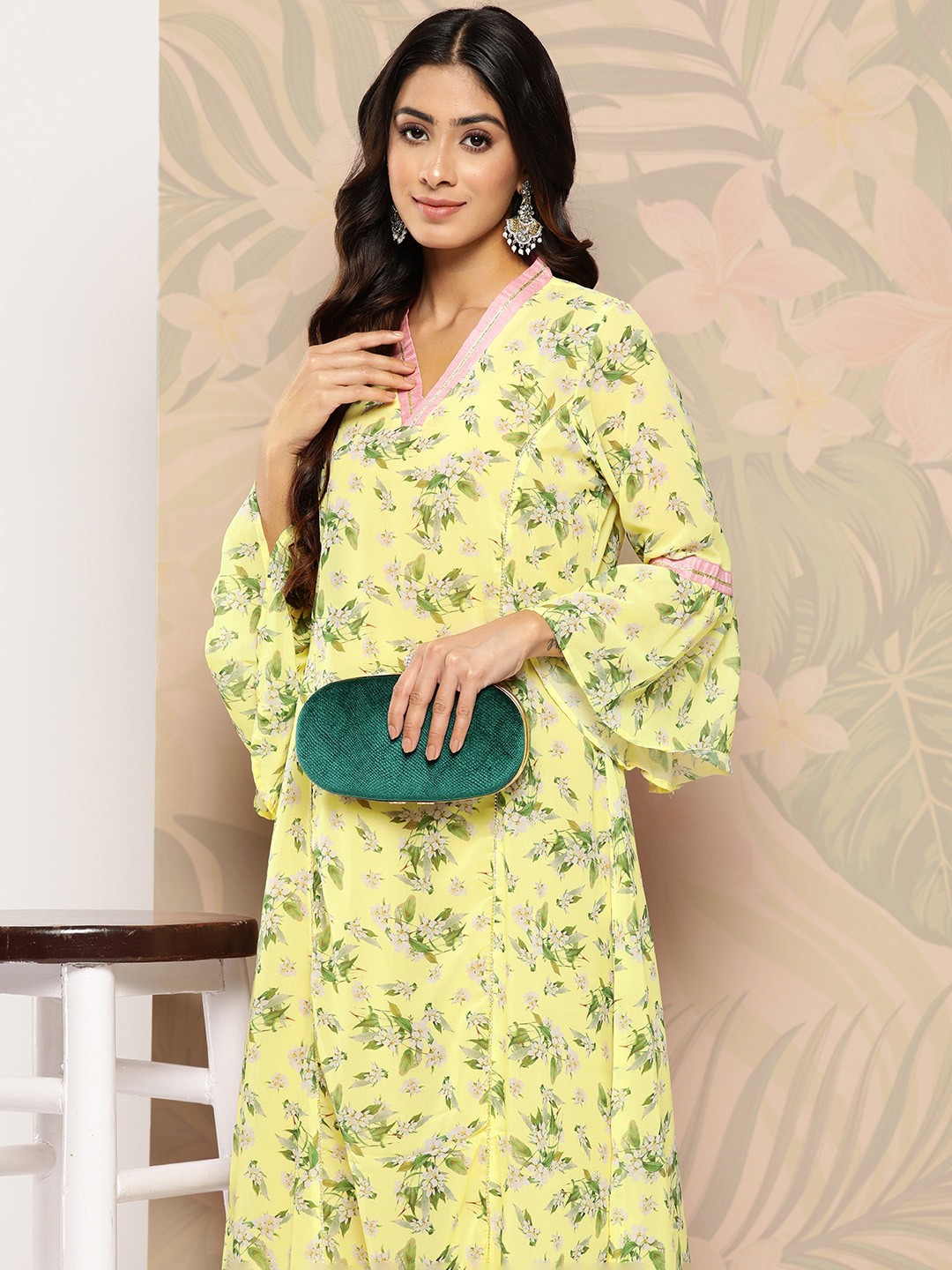 

Ahalyaa Floral Printed Bell Sleeves Gotta Patti Georgette Kurta, Yellow