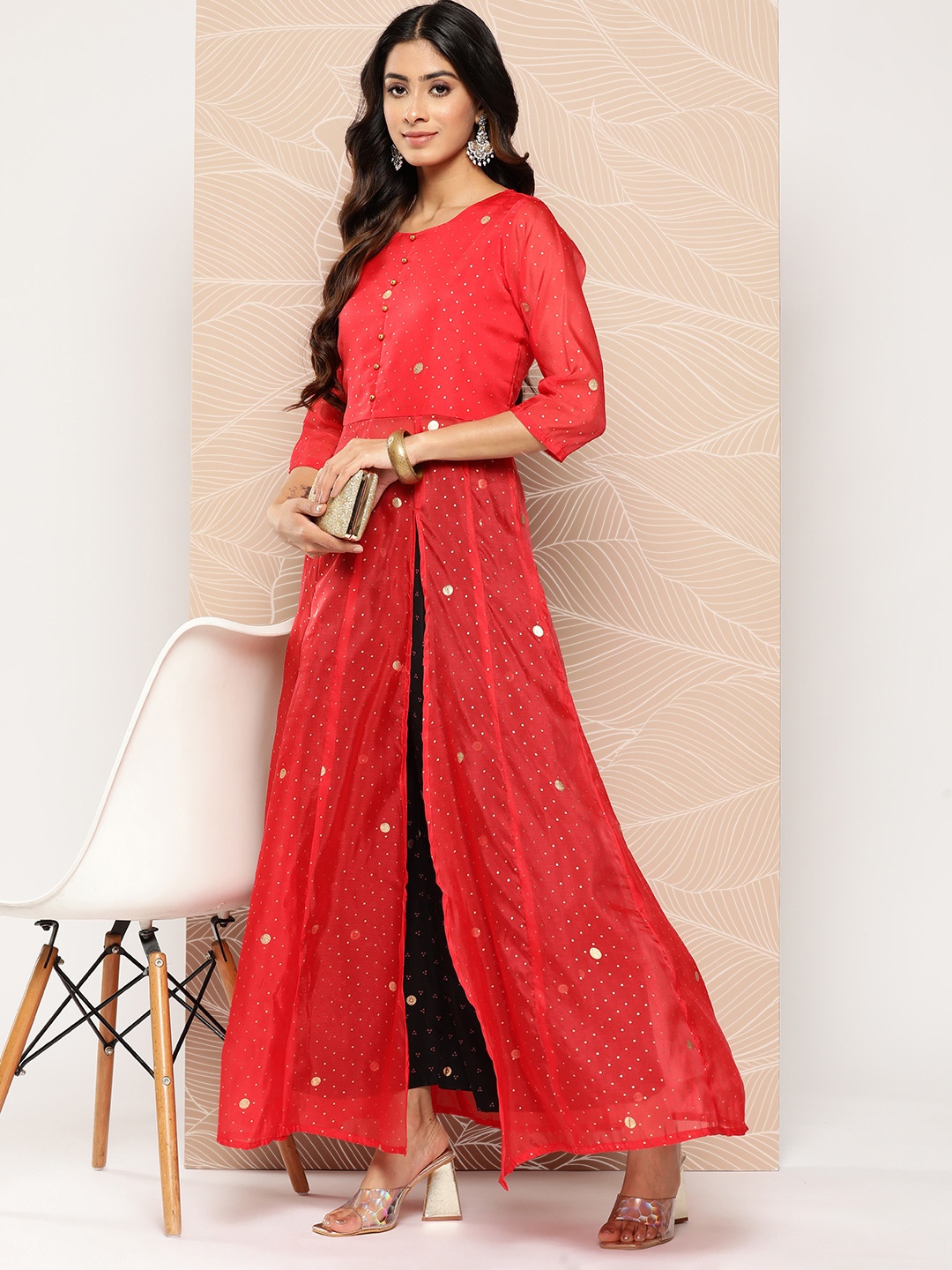 

Ahalyaa Bandhani Printed High Slit Kurta With Palazzos, Red